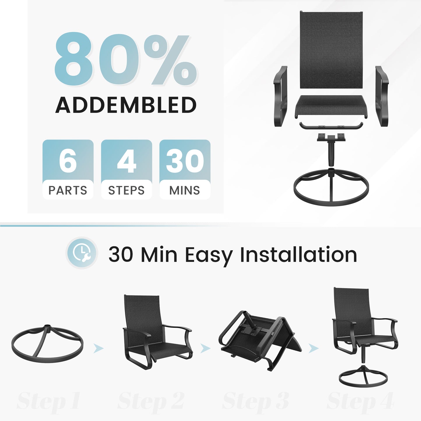 VONZOY Patio Swivel Chairs Set of 2, Outdoor Dining Chairs with High Back, 360° Swivel Rocker Chair in All-Weather Textilene & Metal Frame for Garden, Porch, Backyard, Balcony(Black)