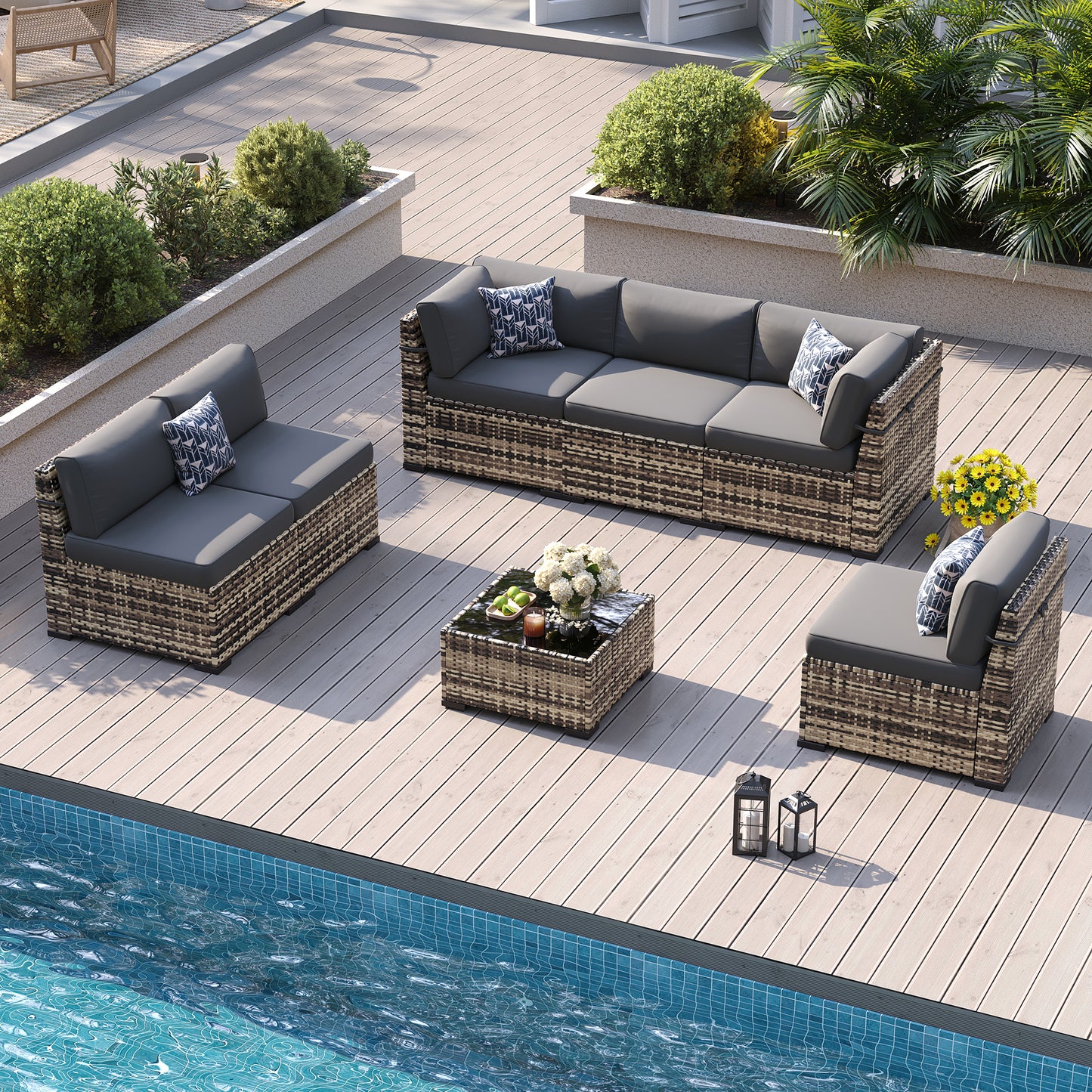 VONZOY Patio Furniture Sets, 7-Piece Outdoor Patio Furniture with Thick Cushions,Coffee Table Outdoor All-Weather Conversation Set Sectional Sofa for Backyard, Poolside, Garden(Grey)