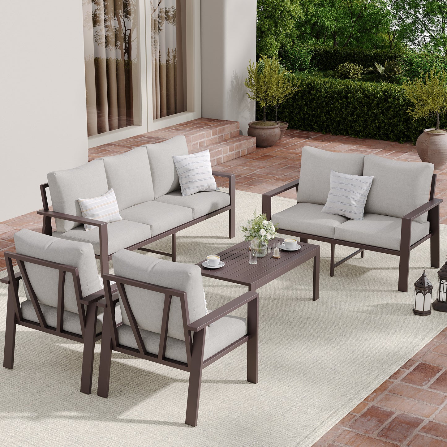 5-Piece Outdoor Furniture All-Weather Aluminum Patio Conversation Set with Coffee Table Rust-Proof Sectional Sofa Set with Removable Cushion for Deck, Backyard, Poolside & Small Spaces