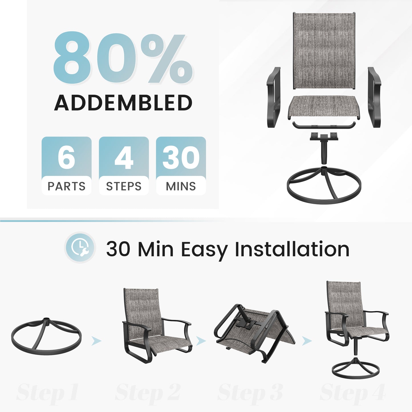 VONZOY Patio Swivel Chairs Set of 6, Outdoor Dining Chairs with High Back, 360° Swivel Rocker Chair in All-Weather Padded Textilene & Metal Frame for Garden, Porch, Backyard, Balcony(Padded Grey)