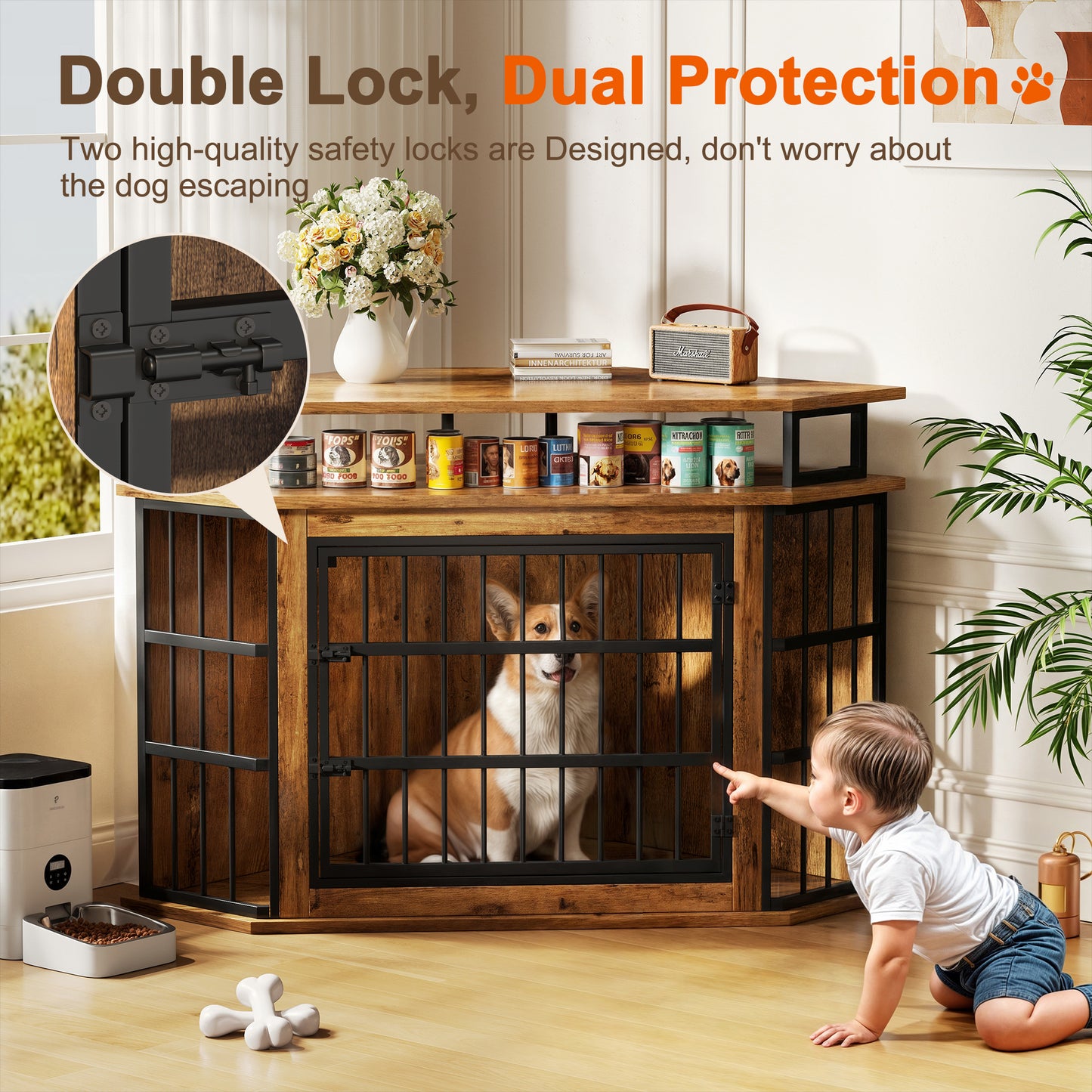 Corner Dog Crate Furniture with 2-Tier Shelves，51" Large Dog Kennel Indoor Wooden End Table, Modern Dog Cage Decorative Pet House TV Stand, Rustic Brown