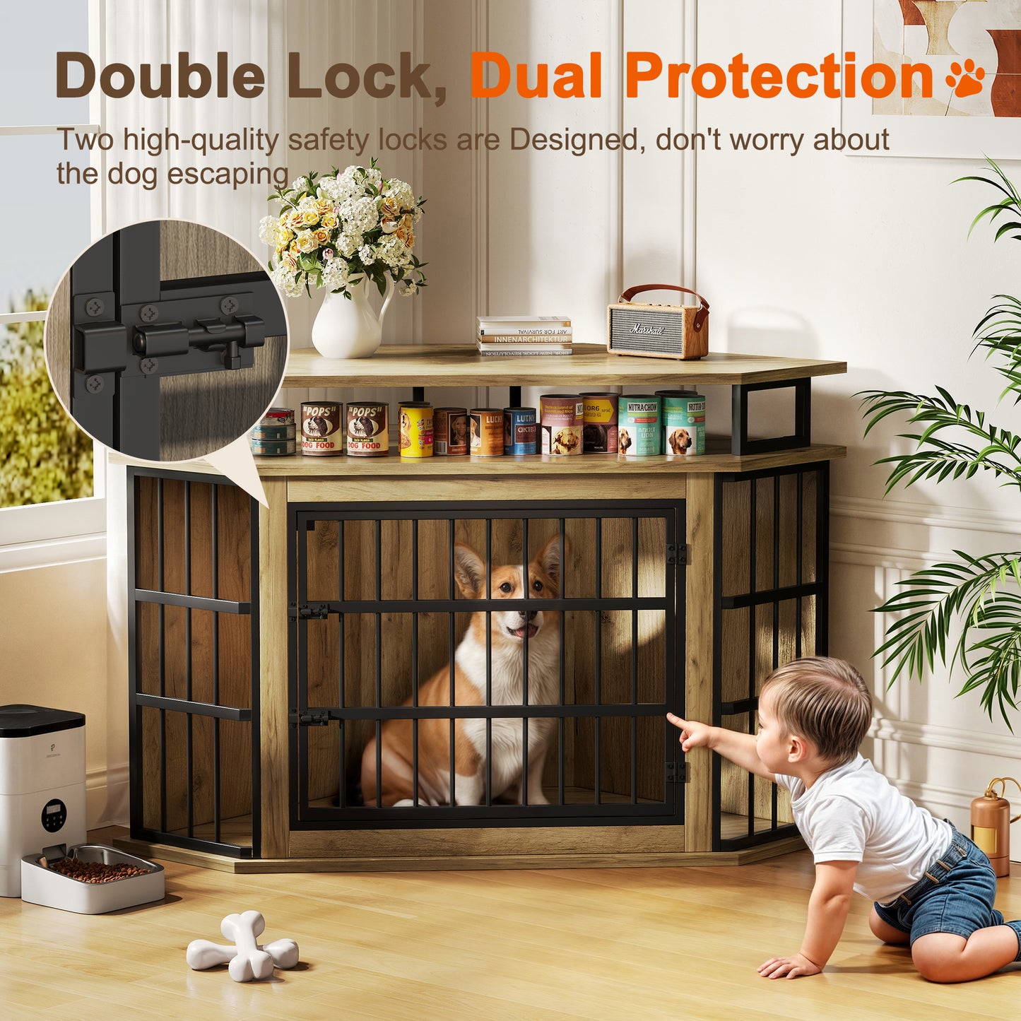 51" Corner Dog Crate Furniture, Wooden Dog Kennel Furniture with 2-Tier Shelves, Decorative Wood Dog House for Small/Medium/Large Dog, Space-Saving Dog Cage for TV Stand