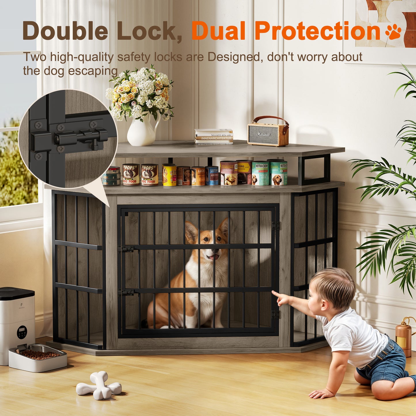 Corner Dog Crate Furniture with 2-Tier Shelves，51" Large Dog Kennel Indoor Wooden TV Stand, Modern Dog Cage Decorative Pet House
