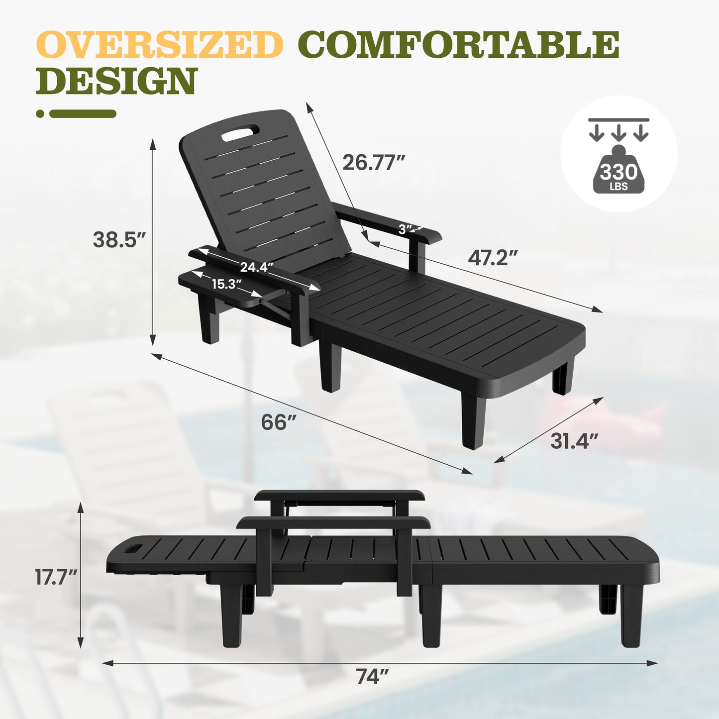 Vonzoy 2PCS Outdoor Lounge Chair with Armrests, Adjustable 5-level Height, Durable Resin, Easy to Clean, Patio Pool Chaise Chaise with Cup Holder