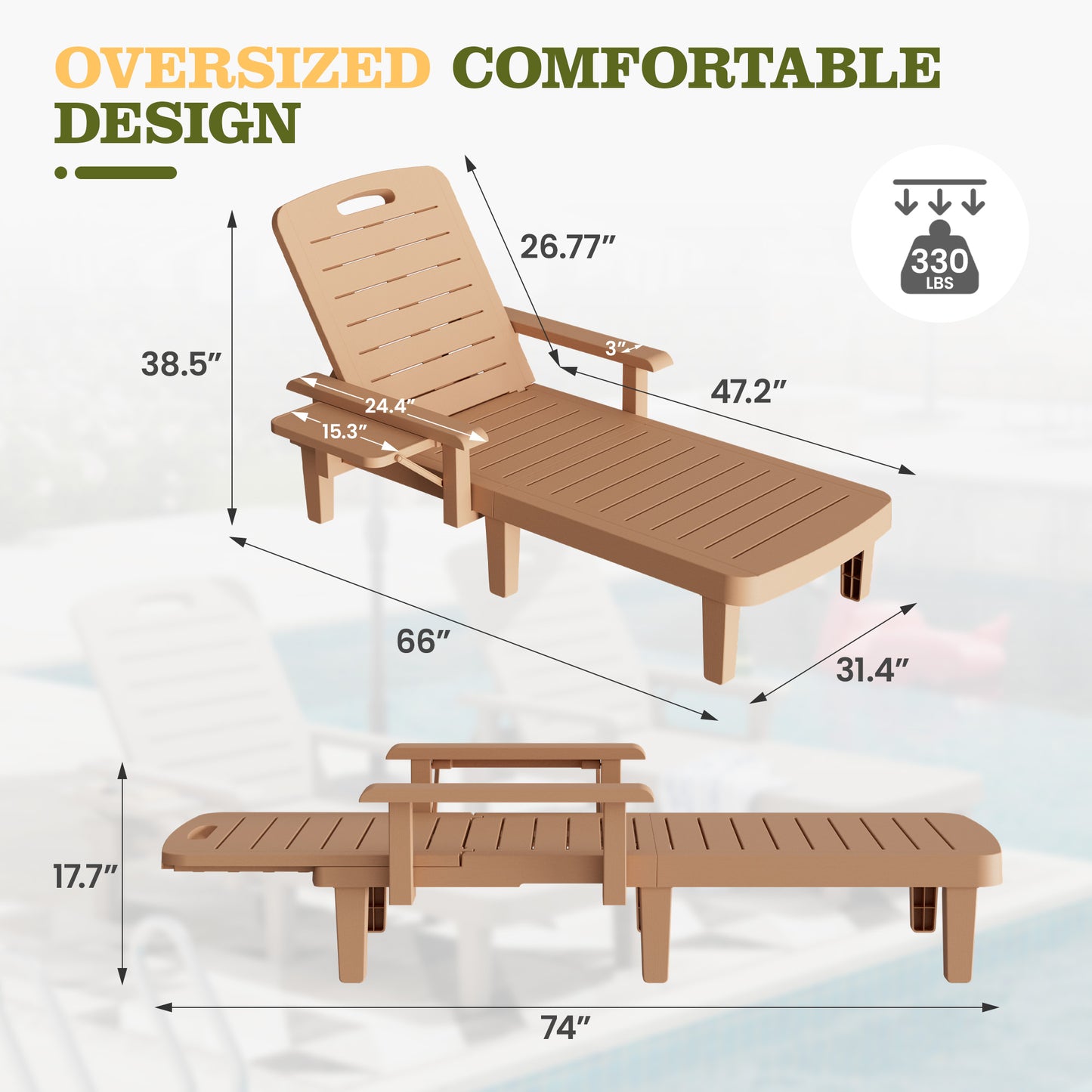 Vonzoy 2PCS Outdoor Lounge Chair with Armrests, Adjustable 5-level Height, Durable Resin, Easy to Clean, Patio Pool Chaise Chaise with Cup Holder