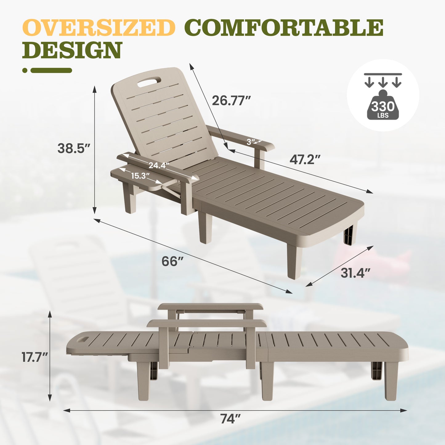 Vonzoy 2PCS Outdoor Lounge Chair with Armrests, Adjustable 5-level Height, Durable Resin, Easy to Clean, Patio Pool Chaise Chaise with Cup Holder