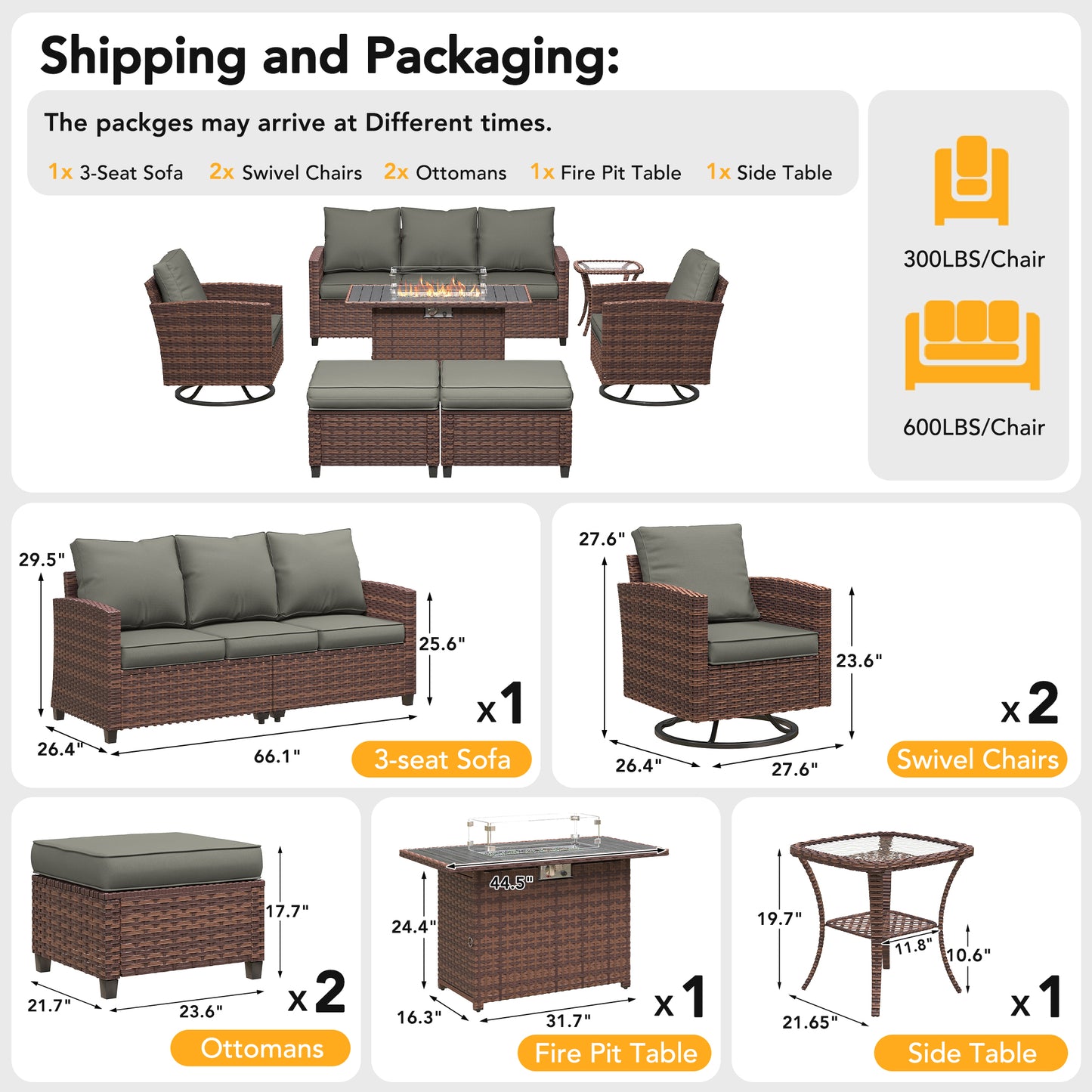 VONZOY 7 Pieces Patio Furniture Set with 44" Fire Pit Table, Patio Sectional Conversation Sets with Rocking Chair, Gas Fire Pit, Ottomans, Side Table, 4" Thick Cushion for Backyard Garden, Dark Grey