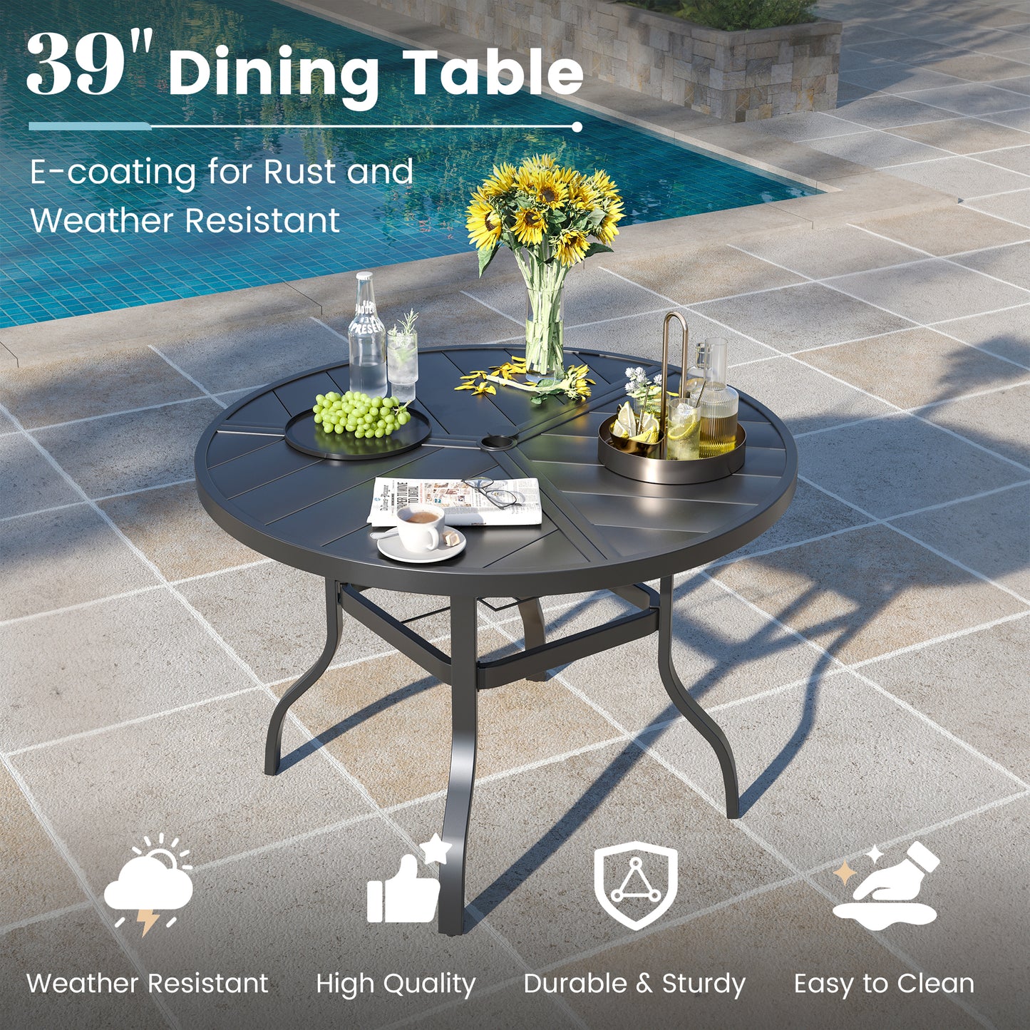 VONZOY 5 Pieces Patio Dining Set, Padded Patio Outdoor Furniture Set of 4 Patio Swivel Dining Chairs and 39" Patio Spliced Round Tabletop with Umbrella Hole, for Deck, Backyard, Poolside & Garden