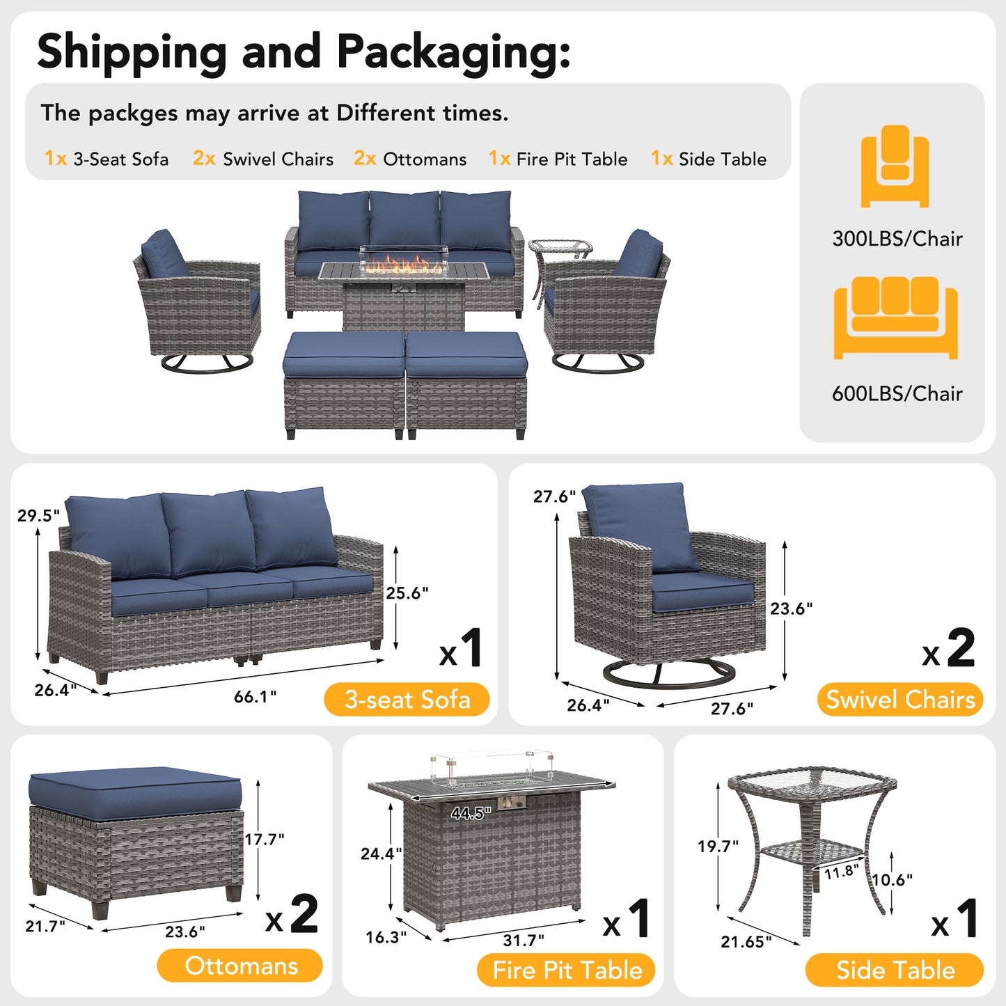 VONZOY 7 Pieces Patio Furniture Set with 44" Fire Pit Table, Patio Sectional Conversation Sets with Rocking Chair, Gas Fire Pit, Ottomans, Side Table, 4" Thick Cushion for Backyard Garden, Navy Blue