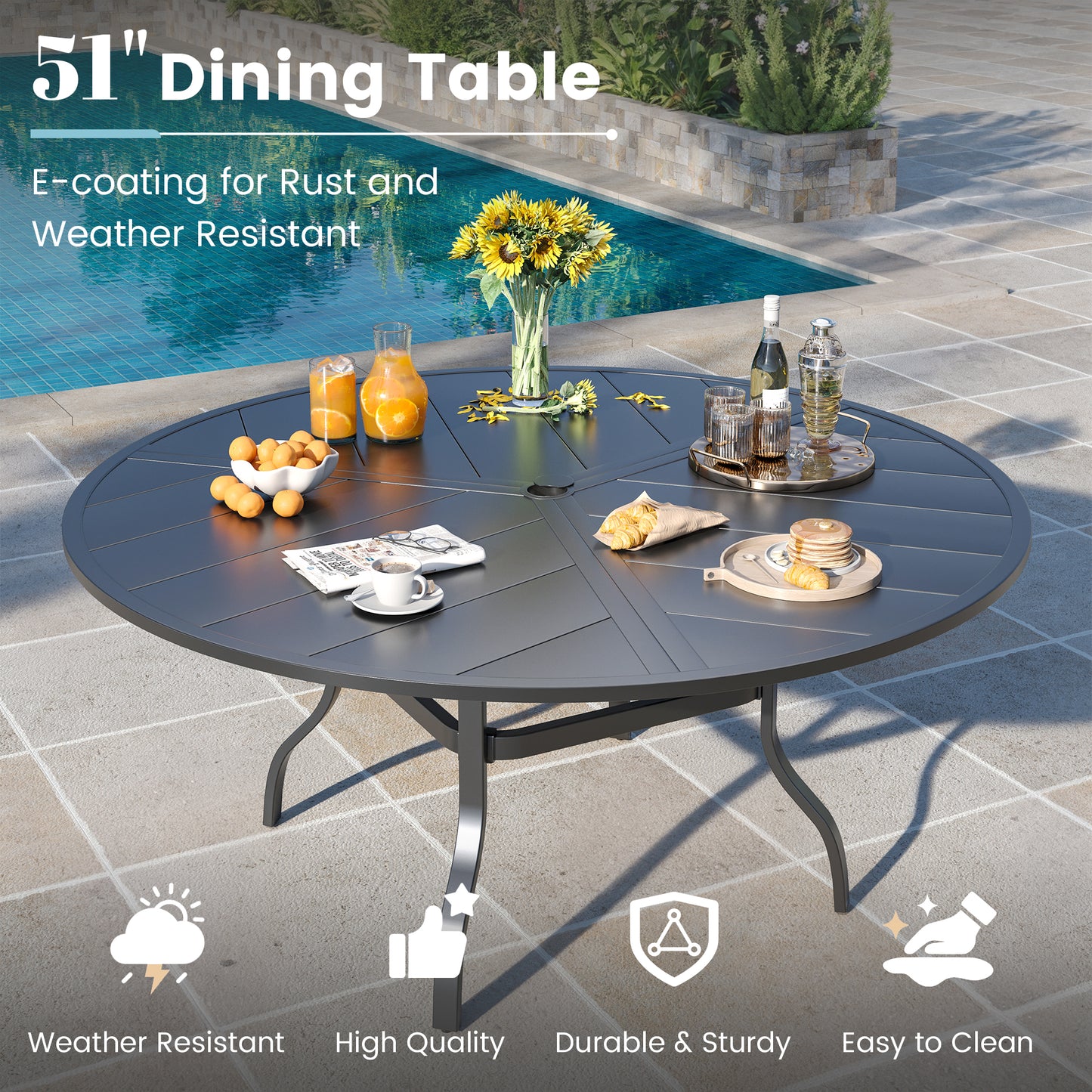 VONZOY 7 Pieces Patio Dining Set, Padded Patio Outdoor Furniture Set of 6 Patio Swivel Dining Chairs and 51" Patio Spliced Round Tabletop with Umbrella Hole, for Deck, Backyard, Poolside & Garden