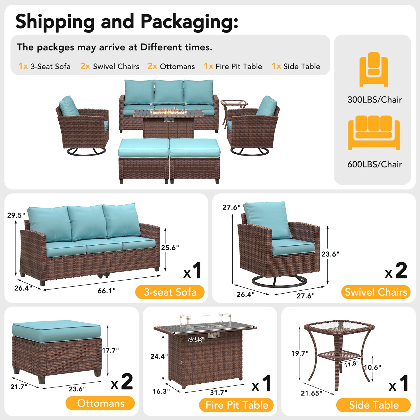 VONZOY 7 Pieces Patio Furniture Set with 44" Fire Pit Table, Patio Sectional Conversation Sets with Rocking Chair, Gas Fire Pit, Ottomans, Side Table, 4" Thick Cushion for Backyard Garden , Light Blue