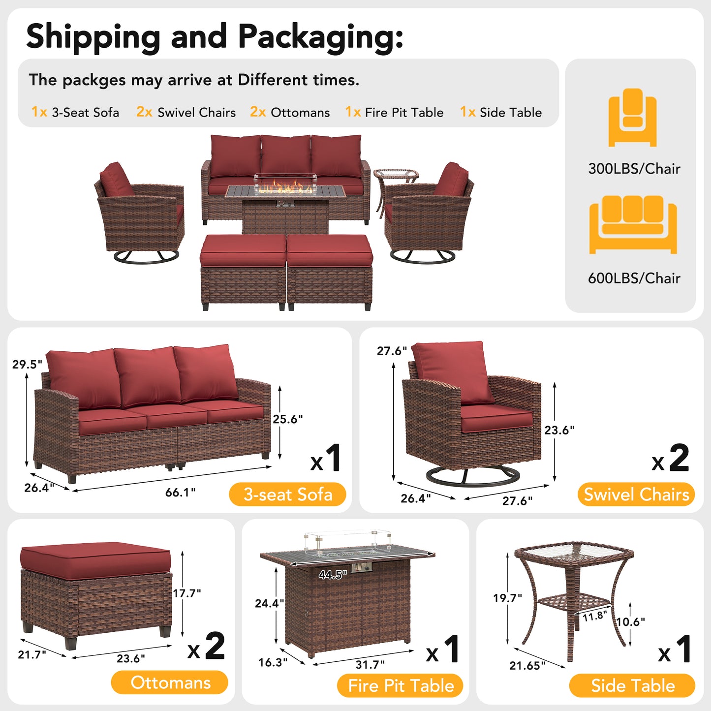 VONZOY 7 Pieces Patio Furniture Set with 44" Fire Pit Table, Patio Sectional Conversation Sets with Rocking Chair, Gas Fire Pit, Ottomans, Side Table, 4" Thick Cushion for Backyard Garden , Wine Red
