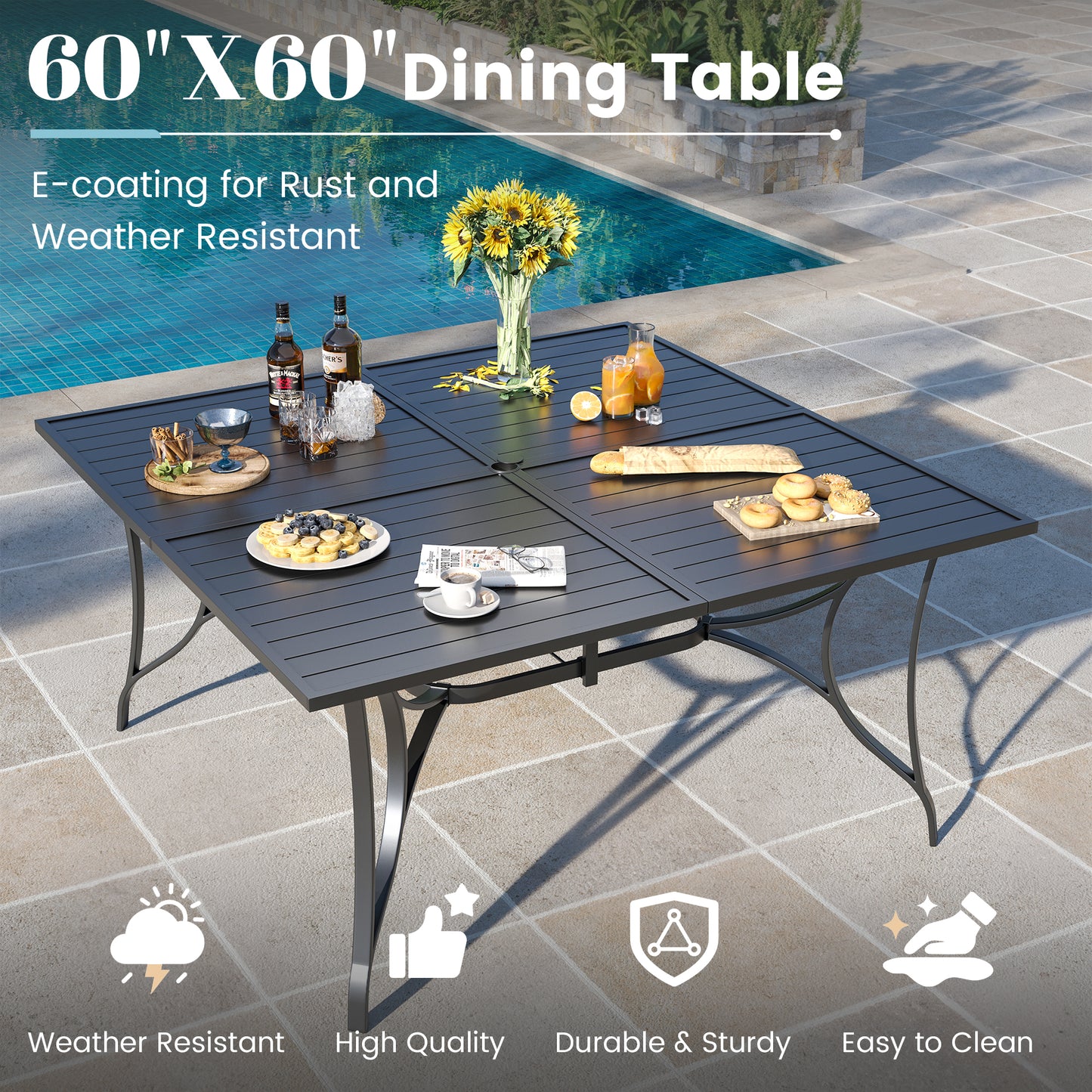 VONZOY 9 Pieces Patio Dining Set, Padded Patio Outdoor Furniture Set of 8 Patio Swivel Dining Chairs and 60" Patio Spliced Square Tabletop with Umbrella Hole, for Deck, Backyard, Poolside & Garden