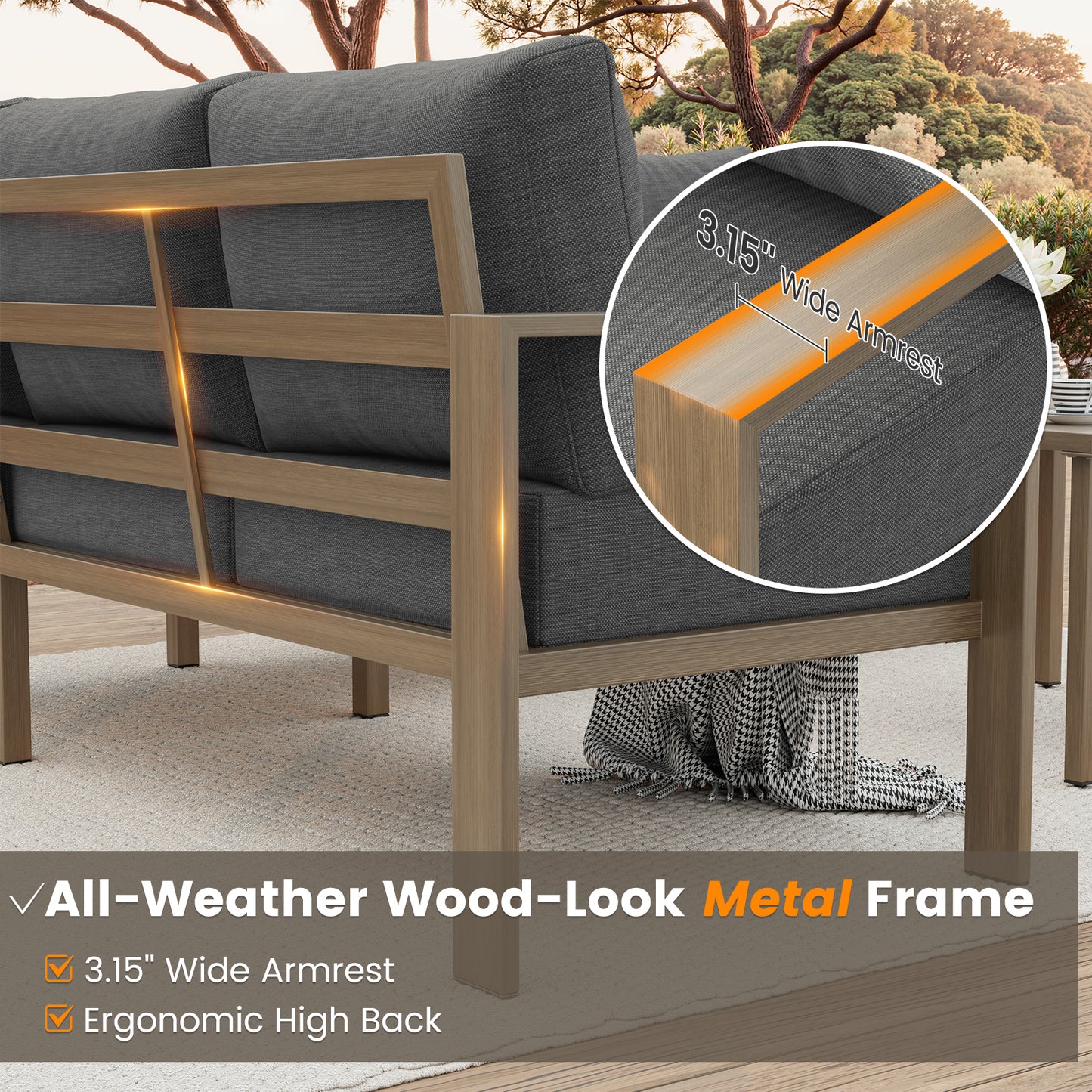 VONZOY 6 Pieces Patio Furniture Set, Wood-Look Metal Outdoor Sectional Furniture Conversation Set, L Shape Patio Couch with Side Table, 6.5" Thick Olefin Cushions for Garden, Backyard, Deck(Dark Grey)