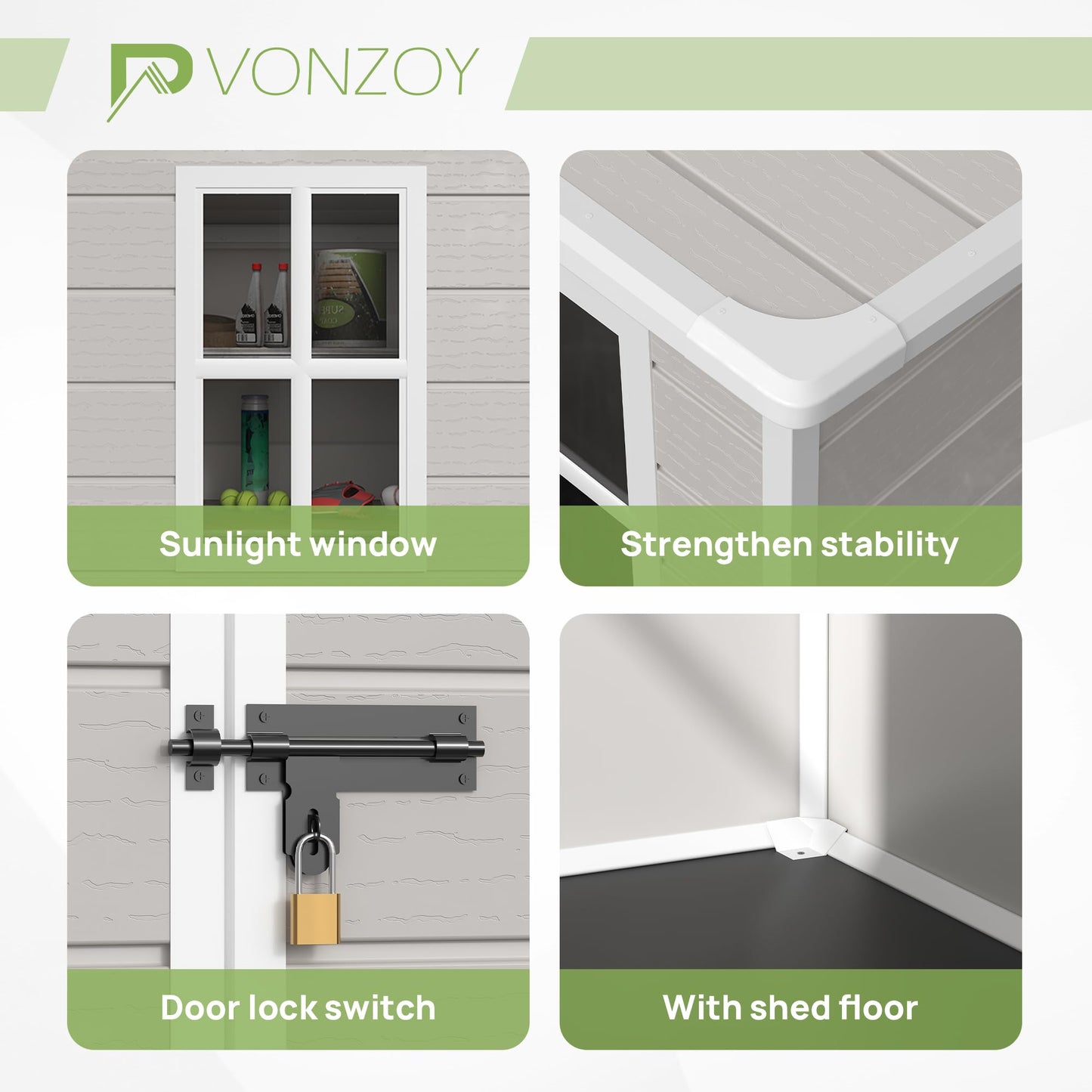VONZOY Resin Outdoor Storage Shed with Floor, 8x10.5 FT Plastic Garden Shed with Lockable Door & Window for Bike, Garbage Can, Lawn Mower, Bedge