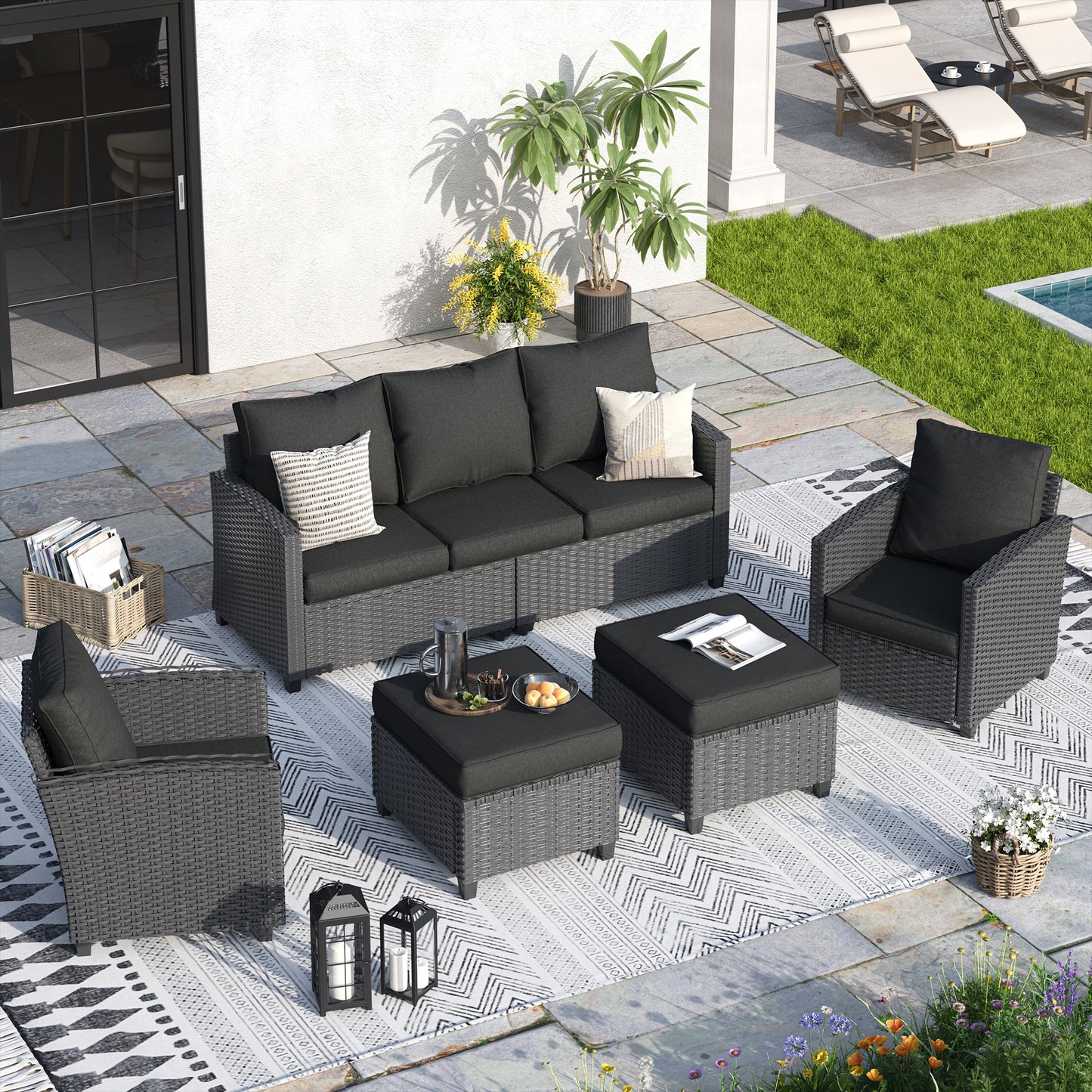 VONZOY Outdoor Furniture Set, 5 Pcs Wicker Patio Couch with Chairs, Ottomans and Thick Cushions, All Weather Wicker Rattan Patio Conversation Set.Black
