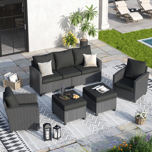 VONZOY Outdoor Furniture Set, 5 Pcs Wicker Patio Couch with Chairs, Ottomans and Thick Cushions, All Weather Wicker Rattan Patio Conversation Set.Black