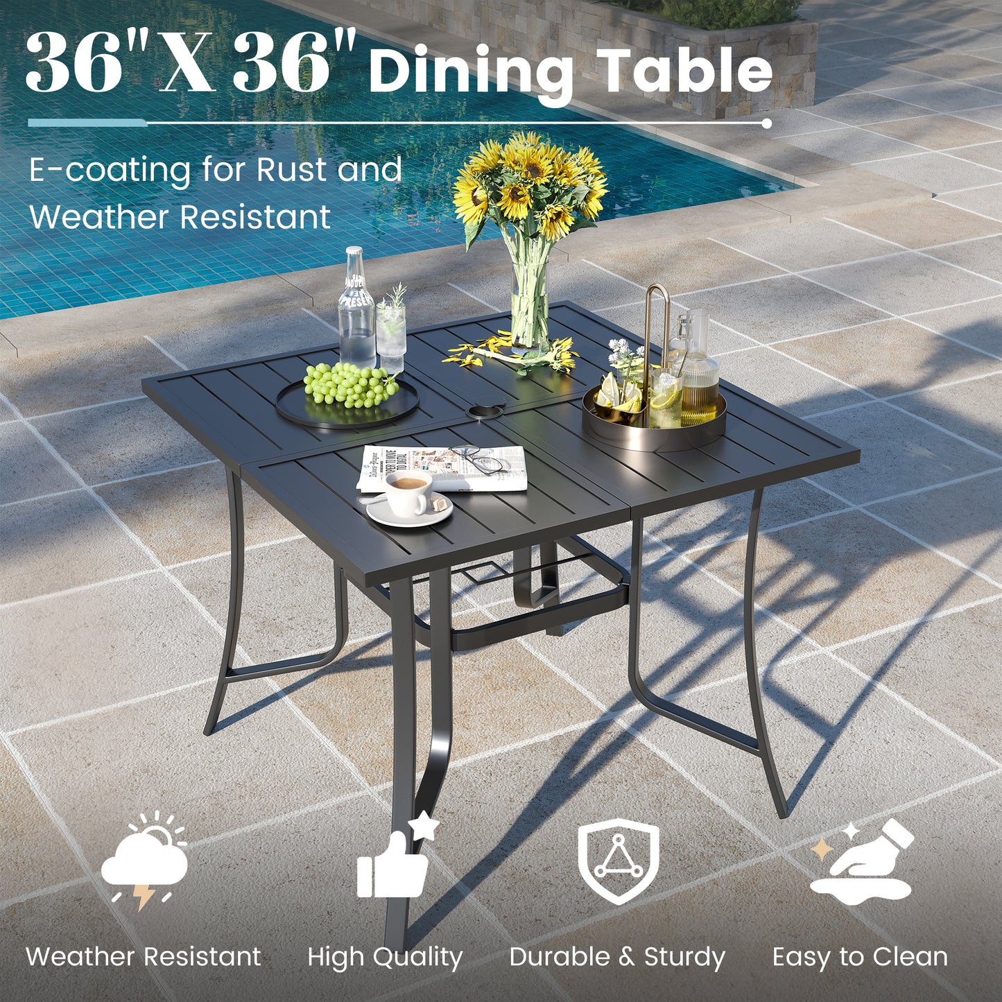 VONZOY 5 Pieces Patio Dining Set, Padded Patio Outdoor Furniture Set of 4 Patio Swivel Dining Chairs and 36" Patio Spliced Square Tabletop with Umbrella Hole, for Deck, Backyard, Poolside & Garden