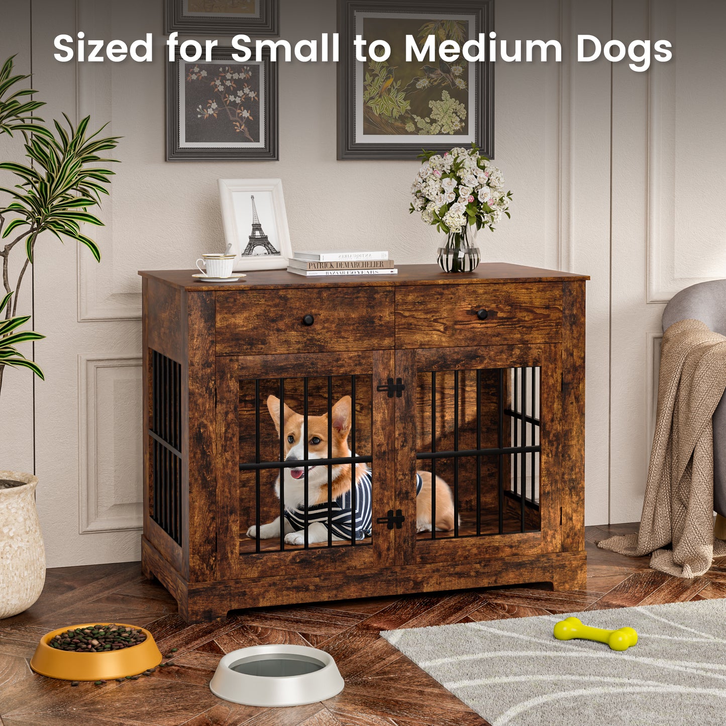 44.5" Dog Crate Furniture with Charging Station & 2 Drawers, Heavy-Duty Wooden Dog House Indoor Dog Kennel End Table with Double-Door Pet Cage for Small/Medium Dogs