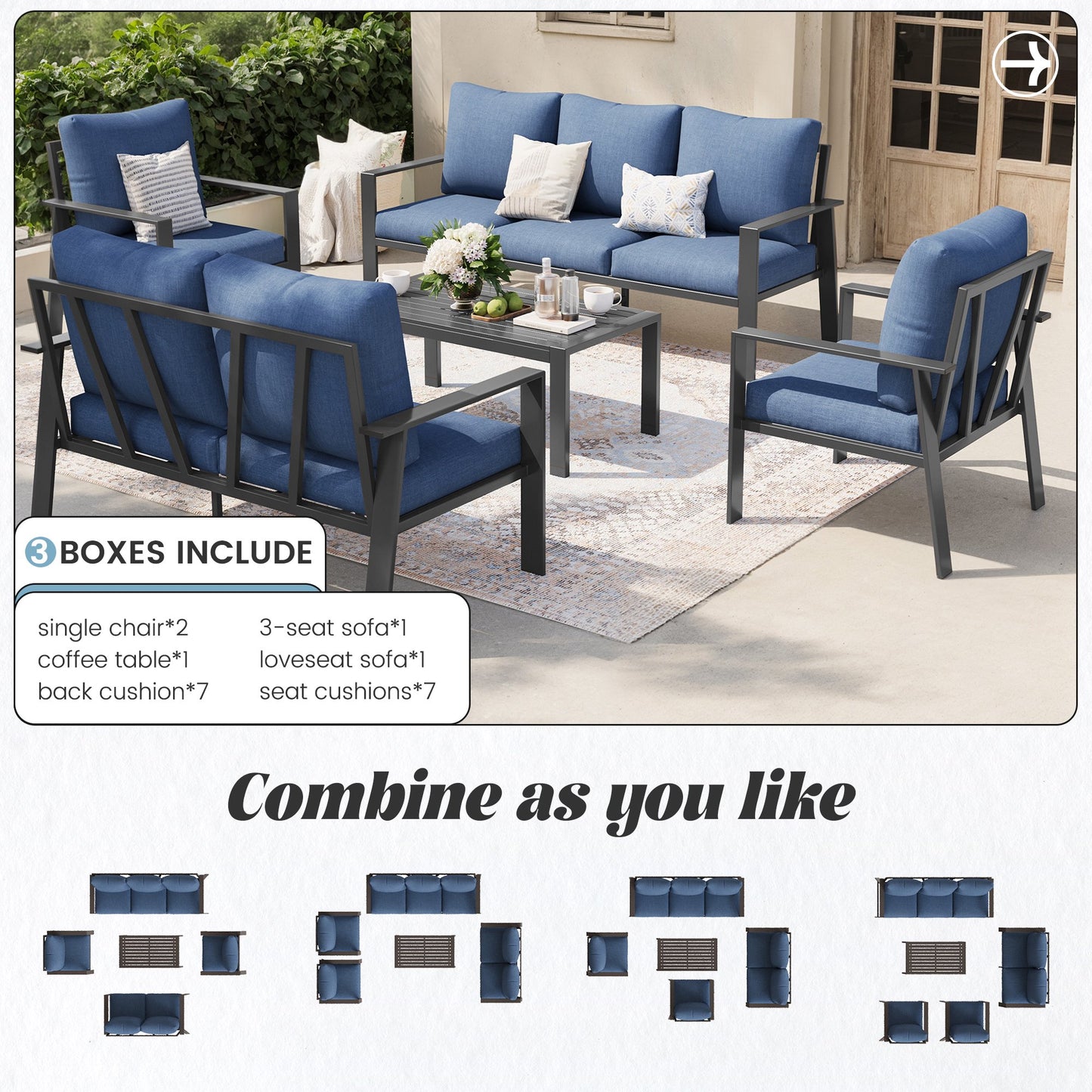 VONZOY 5 Pieces Aluminum Patio Furniture Set, Modern Patio Conversation Sets for Porch, Deck, Garden, 7-Seat Outdoor Metal Sofa Set with 4" Water-Resistant Cushion & Coffee Table,Navy