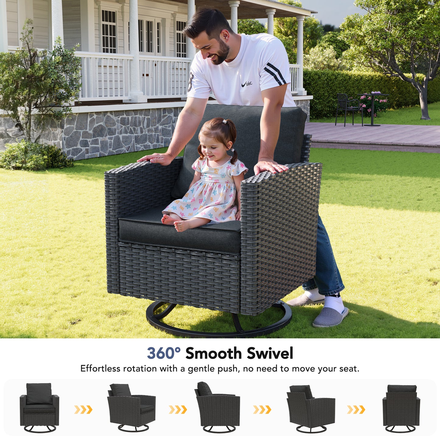 VONZOY Patio Furniture Set, 6 Pcs Patio Outdoor Sectional, Wicker Outdoor Couch with Swivel Chair, Ottomans, Side Table, 4" Thick Cushion, for Garden Backyard Deck.Black