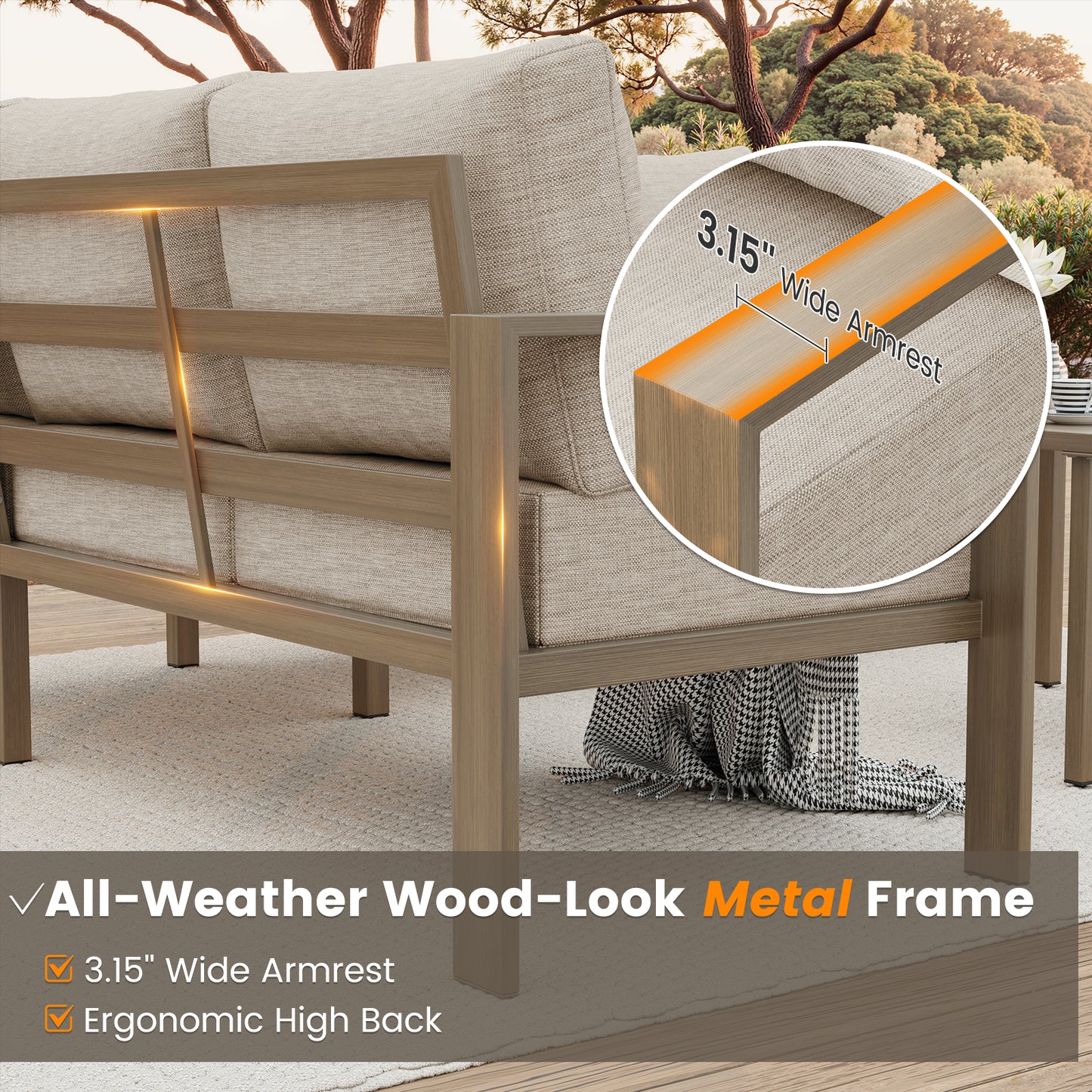 VONZOY 6 Pieces Patio Furniture Set, Wood-Look Metal Outdoor Sectional Furniture Conversation Set, L Shape Patio Couch with Side Table, 6.5" Thick Olefin Cushions for Garden, Backyard, Deck(Beige)