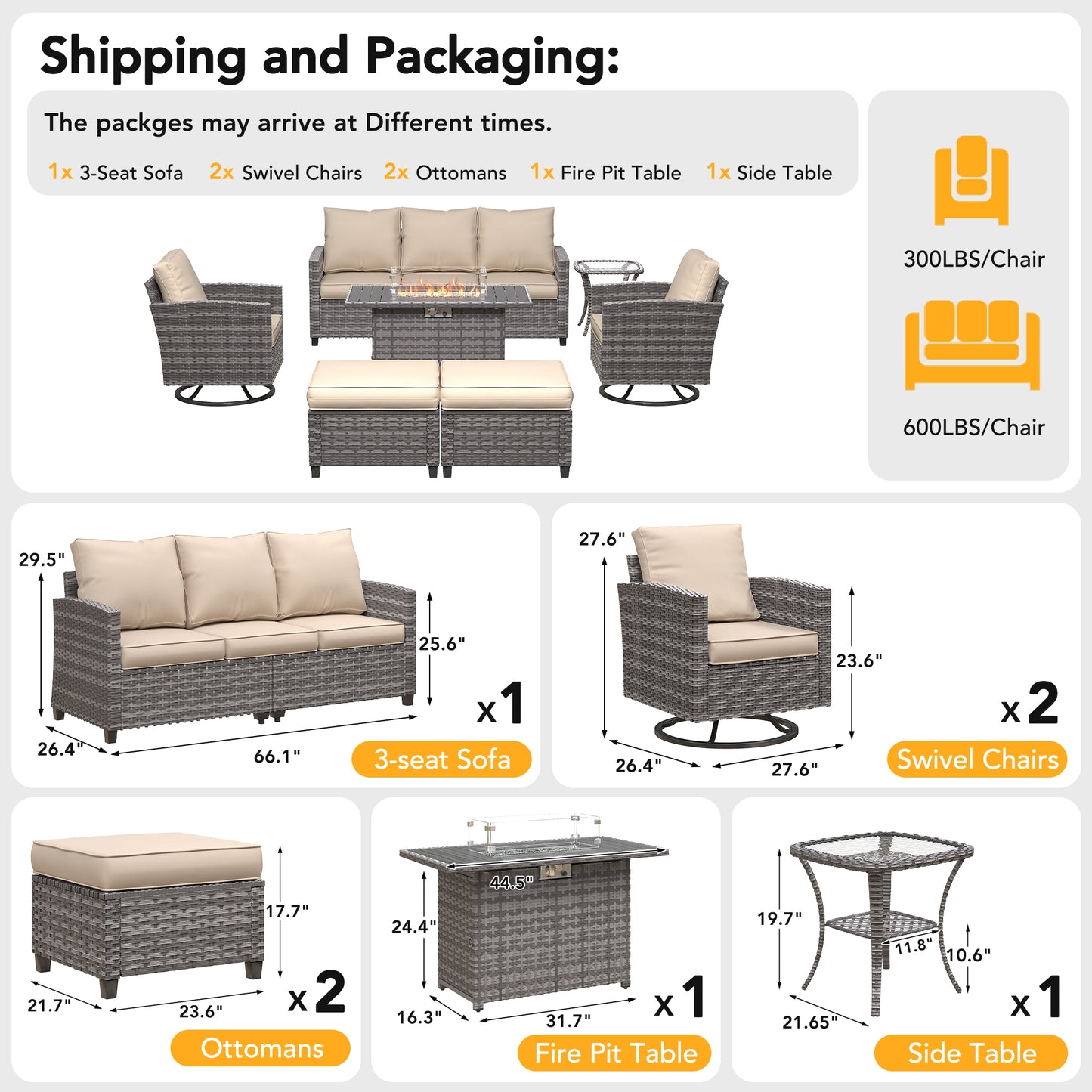 VONZOY 7 Pieces Patio Furniture Set with 44" Fire Pit Table, Patio Sectional Conversation Sets with Rocking Chair, Gas Fire Pit, Ottomans, Side Table, 4" Thick Cushion for Backyard Garden , Khaki
