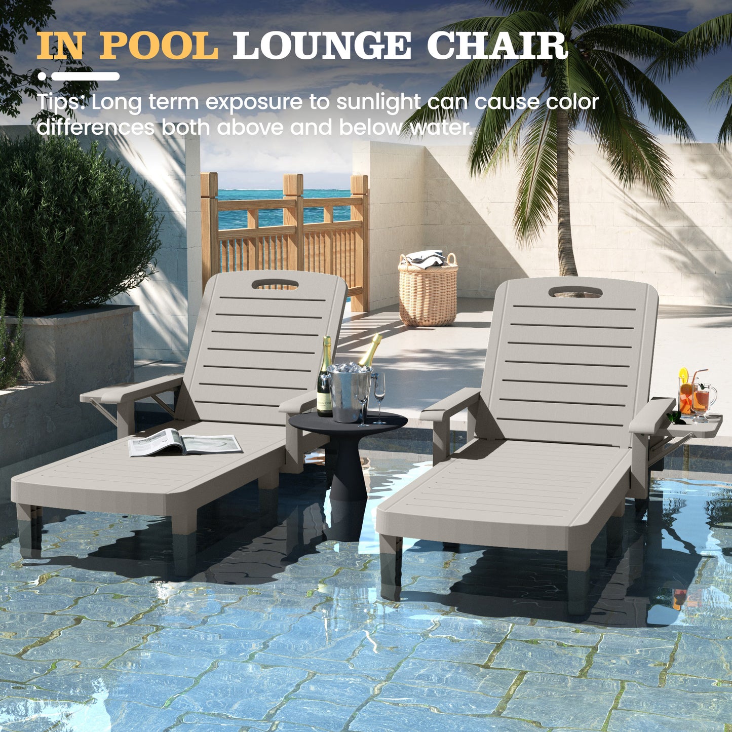 Vonzoy 2PCS Outdoor Lounge Chair with Armrests, Adjustable 5-level Height, Durable Resin, Easy to Clean, Patio Pool Chaise Chaise with Cup Holder
