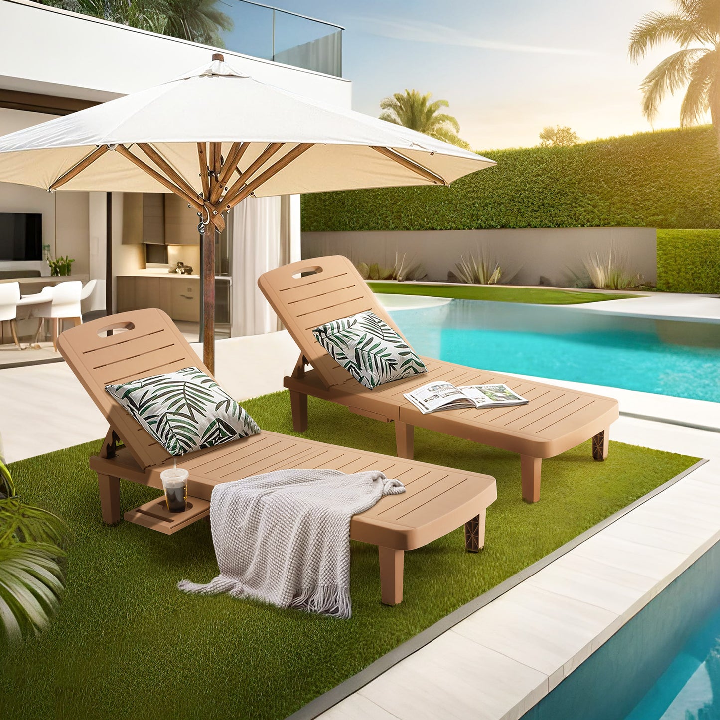 VONZOY Oversized Lounge Chair Outdoor, Resin Patio Lounge Chair with 5 Adjustable Backrest, Oversized Chaise Lounge Chair with Storage Rack for Pool, Deck, Indoor, Garden