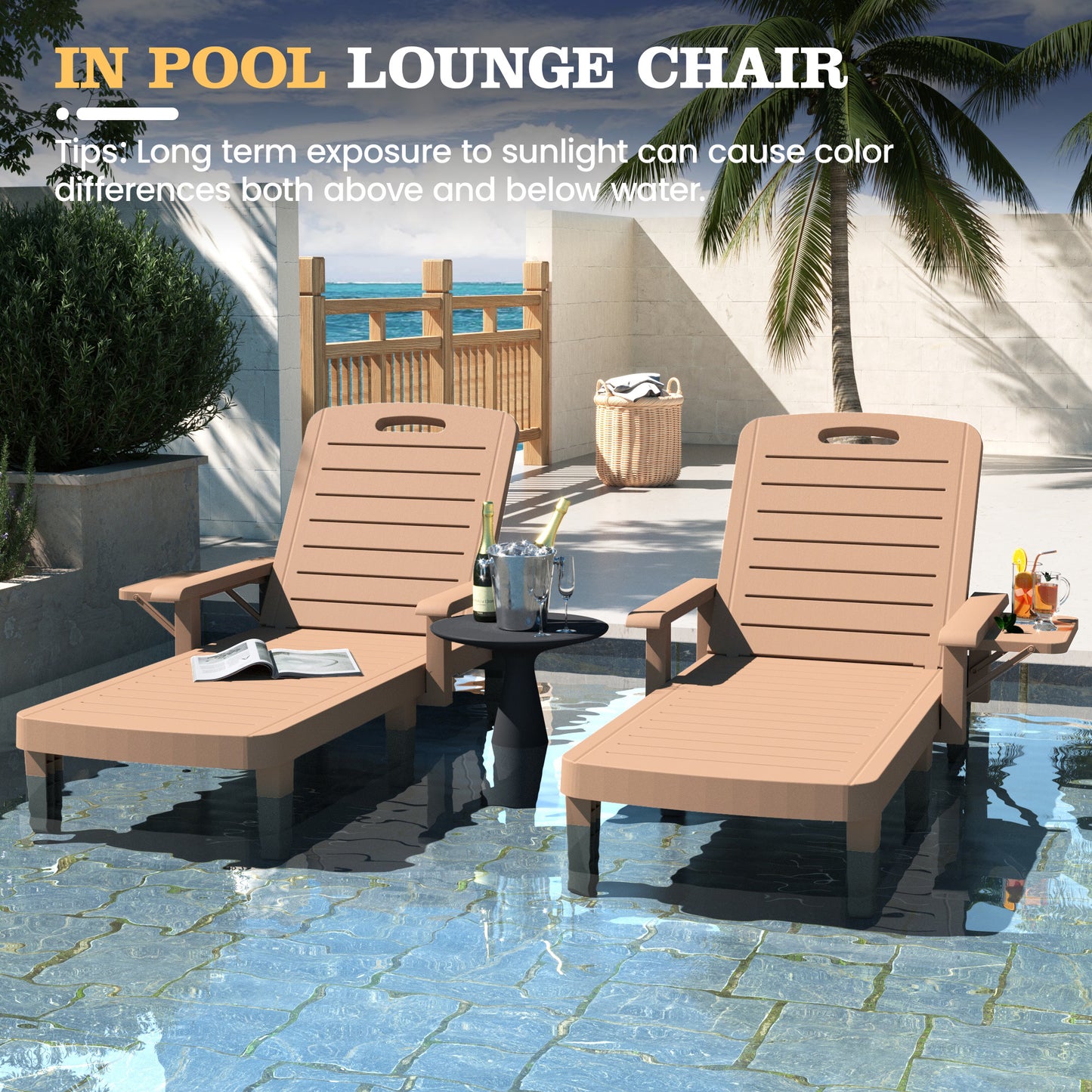 Vonzoy 2PCS Outdoor Lounge Chair with Armrests, Adjustable 5-level Height, Durable Resin, Easy to Clean, Patio Pool Chaise Chaise with Cup Holder