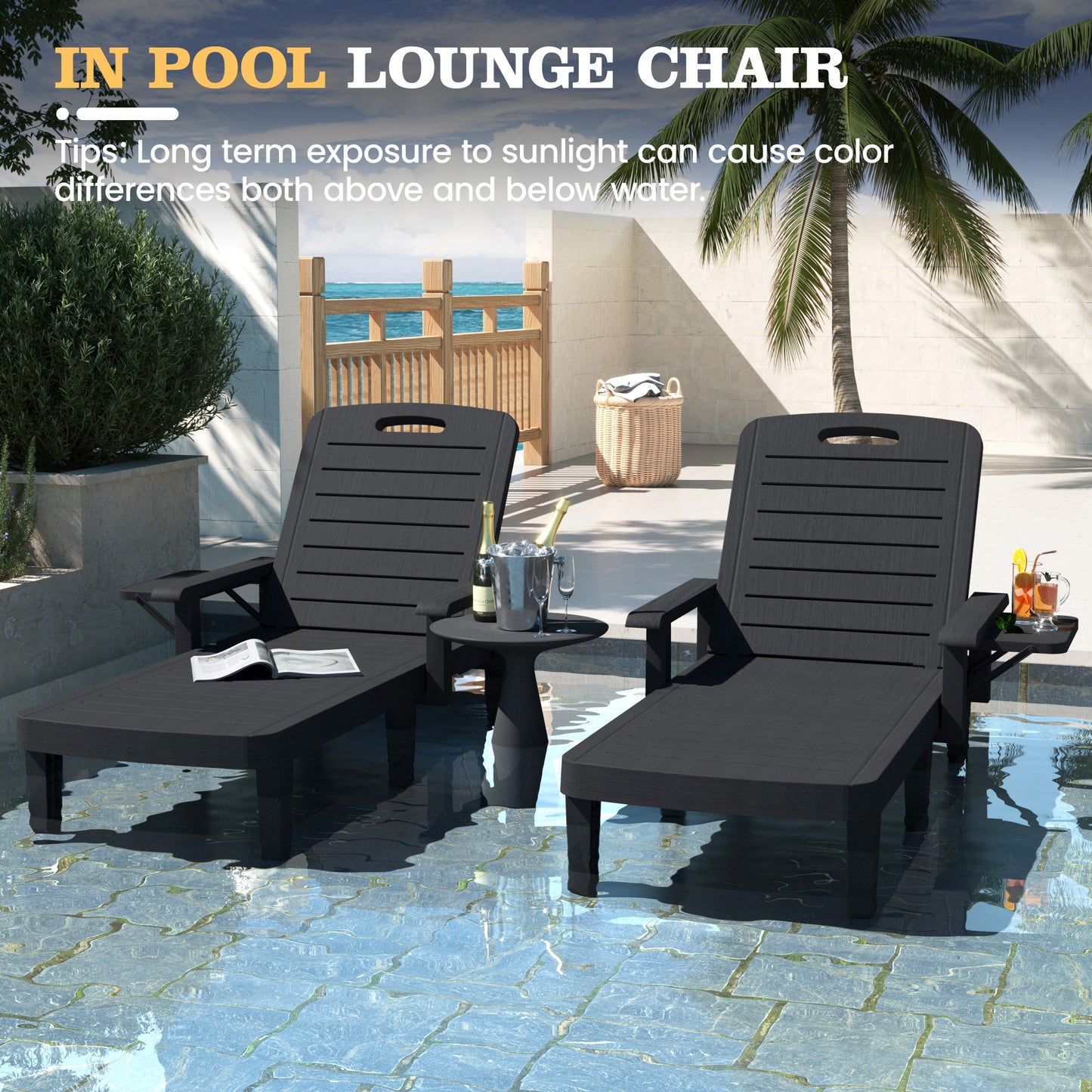 Vonzoy 2PCS Outdoor Lounge Chair with Armrests, Adjustable 5-level Height, Durable Resin, Easy to Clean, Patio Pool Chaise Chaise with Cup Holder