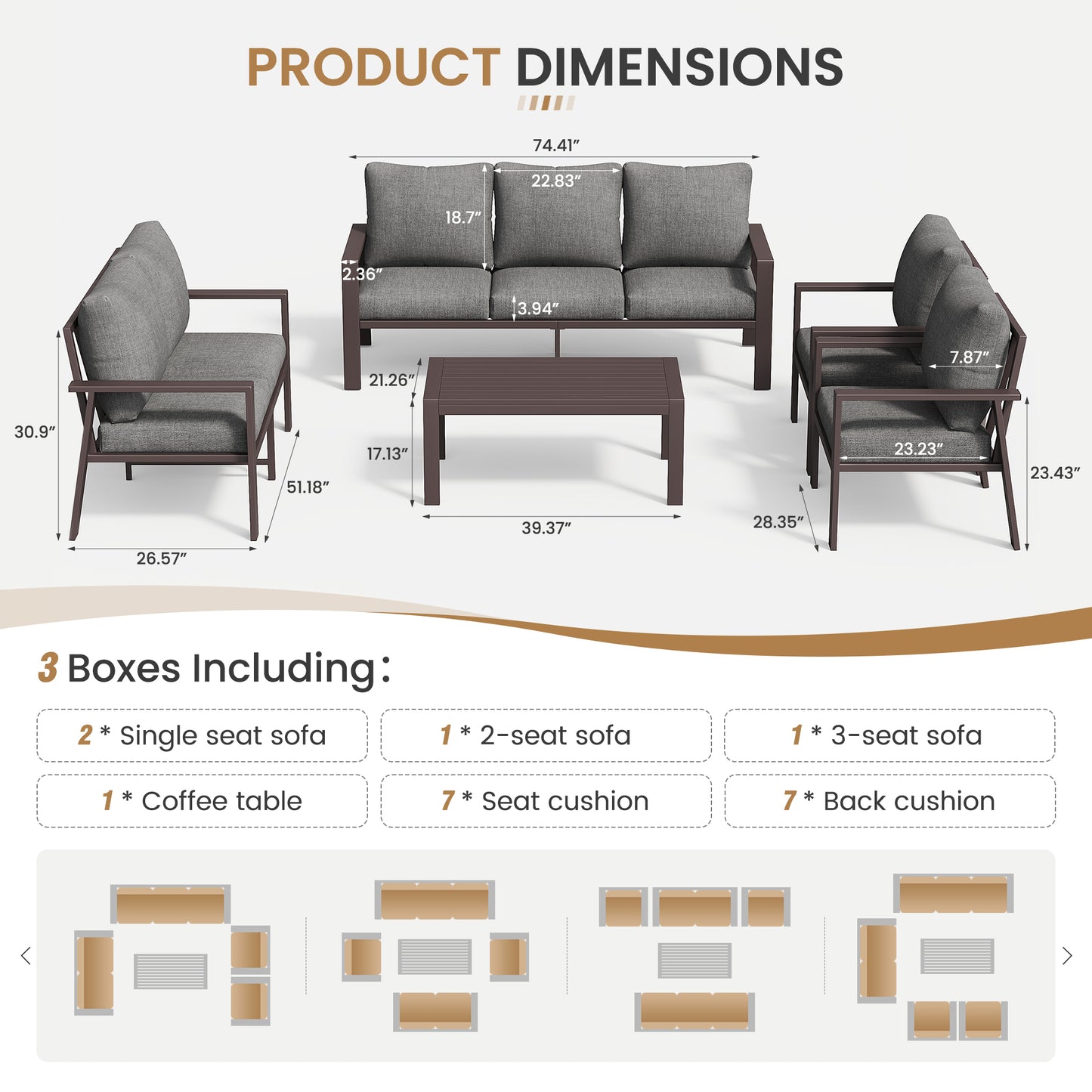 5-Piece Outdoor Furniture All-Weather Aluminum Patio Conversation Set with Coffee Table Rust-Proof Sectional Sofa Set with Removable Cushion for Deck, Backyard, Poolside & Small Spaces