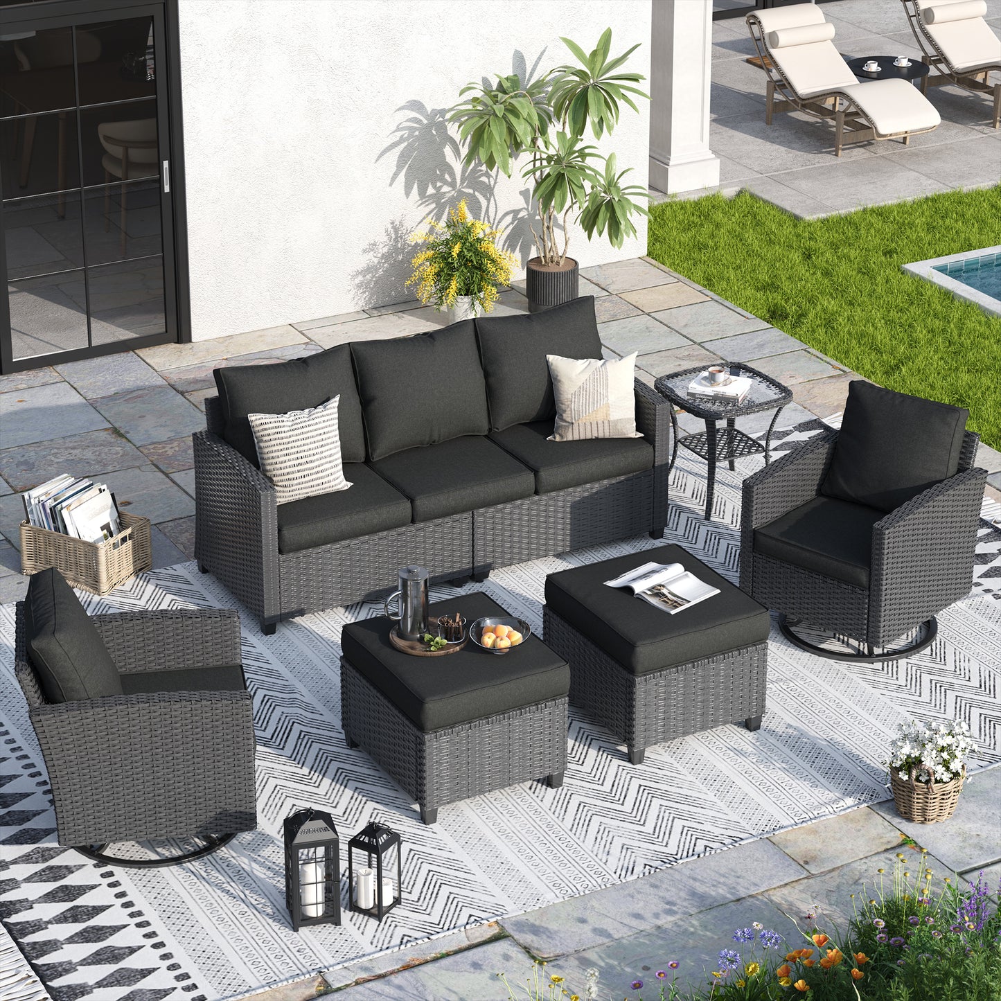 VONZOY Patio Furniture Set, 6 Pcs Patio Outdoor Sectional, Wicker Outdoor Couch with Swivel Chair, Ottomans, Side Table, 4" Thick Cushion, for Garden Backyard Deck.Black