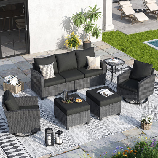 VONZOY Patio Furniture Set, 6 Pcs Patio Outdoor Sectional, Wicker Outdoor Couch with Swivel Chair, Ottomans, Side Table, 4" Thick Cushion, for Garden Backyard Deck.Black