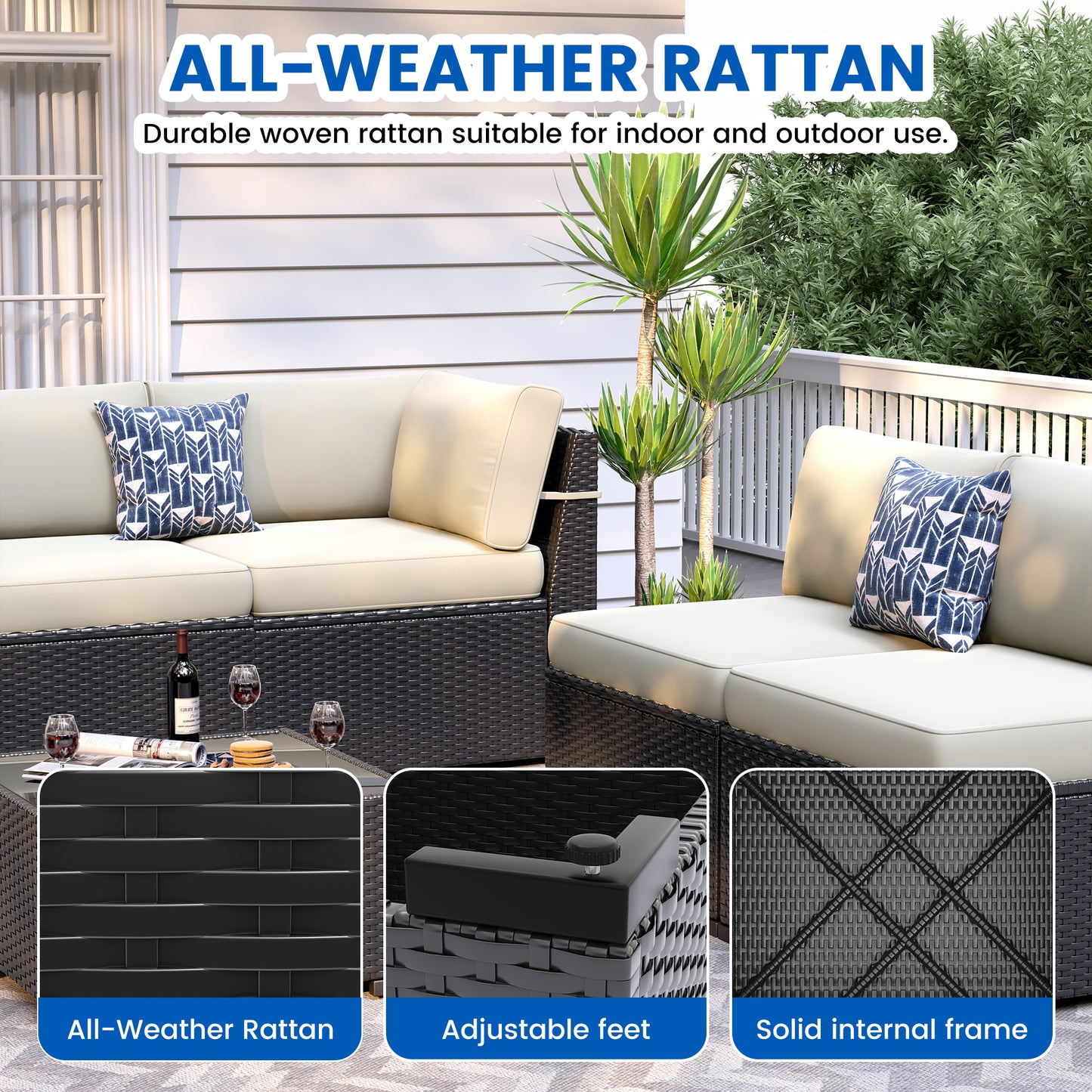 VONZOY Patio Furniture Sets, 7-Piece Outdoor Patio Furniture with Thick Cushions,Coffee Table Outdoor All-Weather Conversation Set Sectional Sofa for Backyard, Poolside, Garden(Khaki)