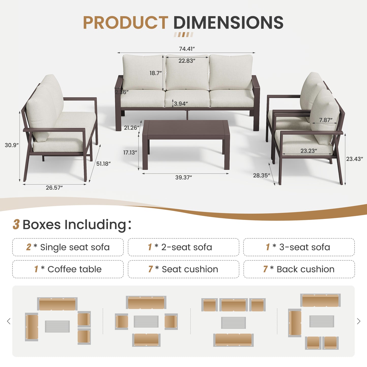 5-Piece Outdoor Furniture All-Weather Aluminum Patio Conversation Set with Coffee Table Rust-Proof Sectional Sofa Set with Removable Cushion for Deck, Backyard, Poolside & Small Spaces