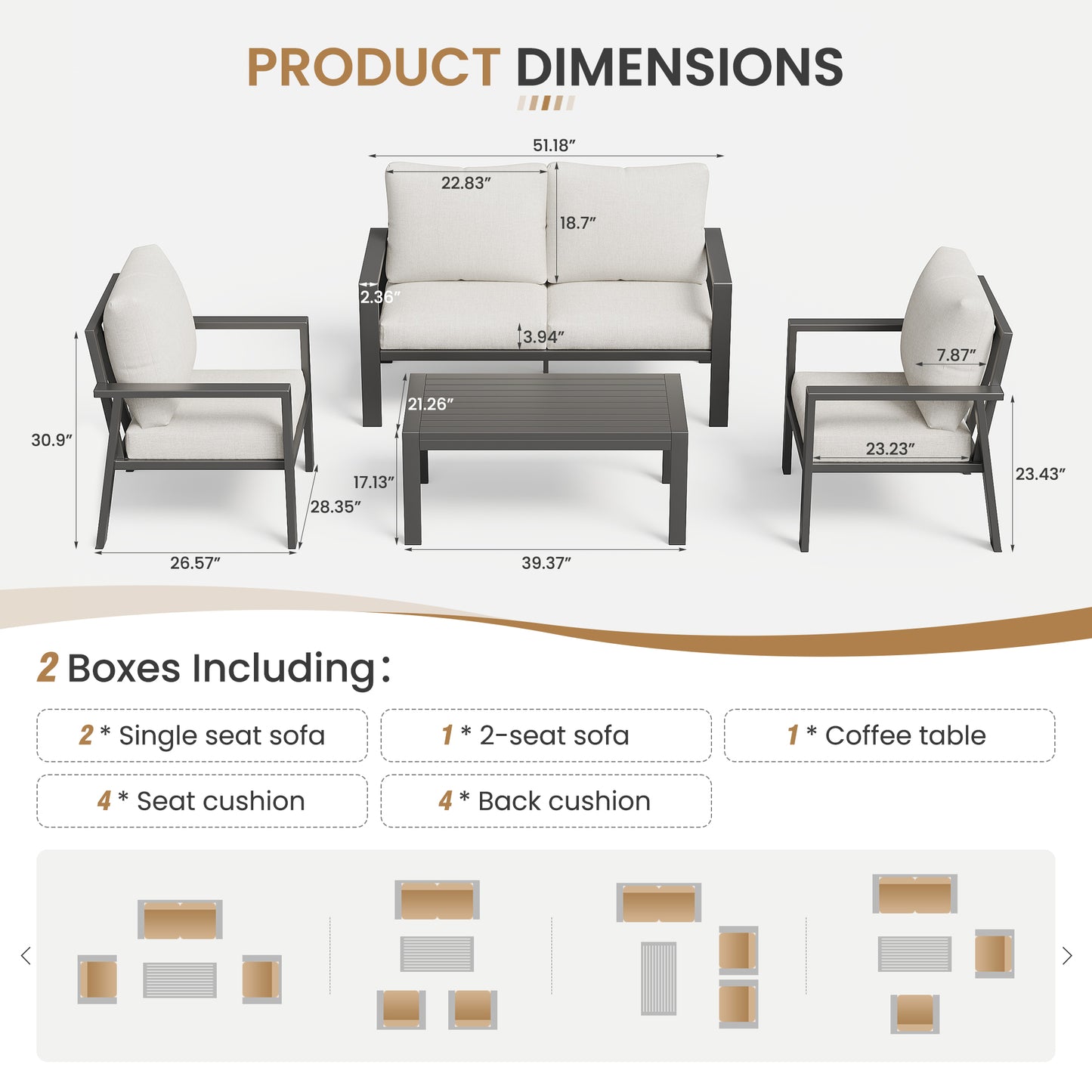 4-Piece Aluminum Patio Conversation Sets All-Weather Sectional Outdoor Furniture Set with Coffee Table & Cushions with Removable Covers for for Backyard, Garden and Poolside Easy Assembly(Beige)