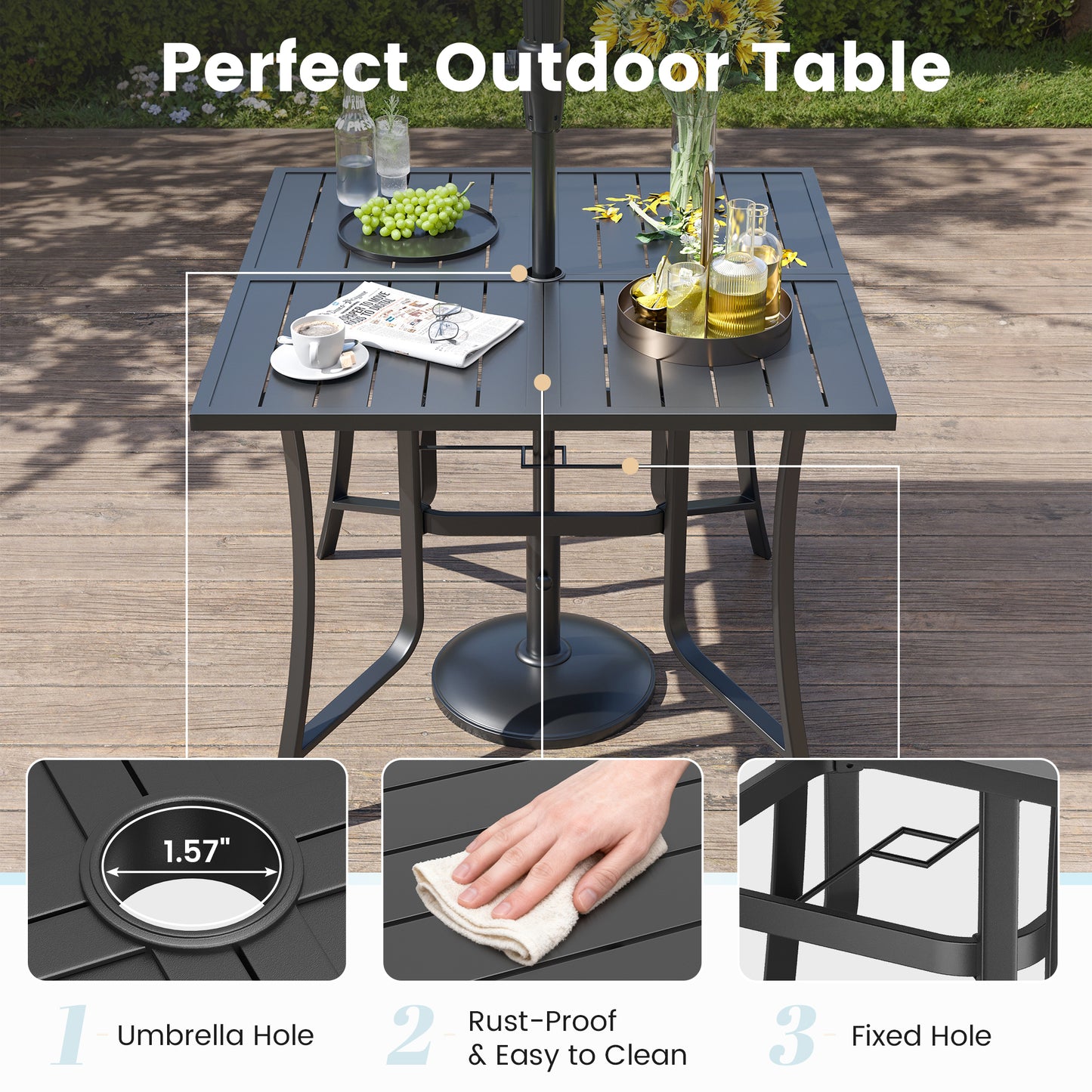 VONZOY 9 Pieces Patio Dining Set, Patio Outdoor Furniture Set of 8 Patio Swivel Dining Chairs and 60" Patio Spliced Square Tabletop with Umbrella Hole, for Deck, Backyard, Poolside & Garden