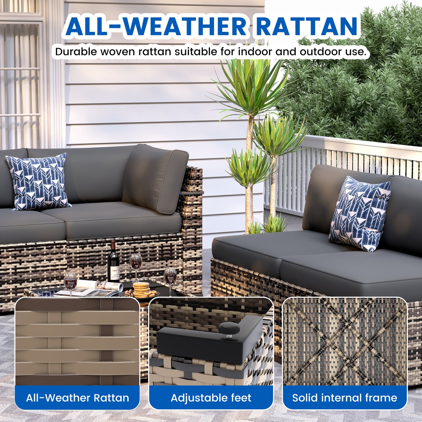 VONZOY Patio Furniture Sets, 7-Piece Outdoor Patio Furniture with Thick Cushions,Coffee Table Outdoor All-Weather Conversation Set Sectional Sofa for Backyard, Poolside, Garden(Grey)