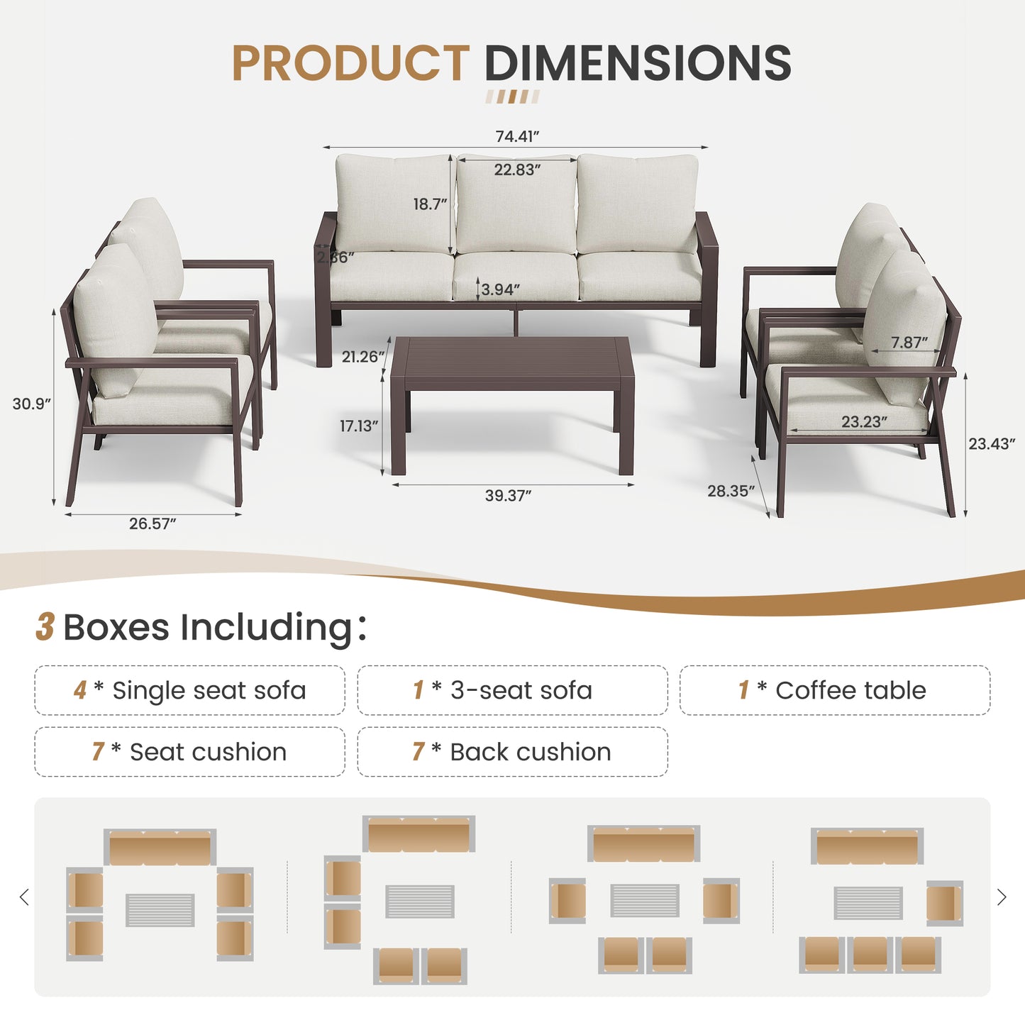 Aluminum Patio Conversation Set with Coffee Table Deck Outdoor Furniture All-Weather Rust-Proof 6-Piece Sectional Sofa Set with Removable Cushion for Backyard, Poolside & Small Spaces