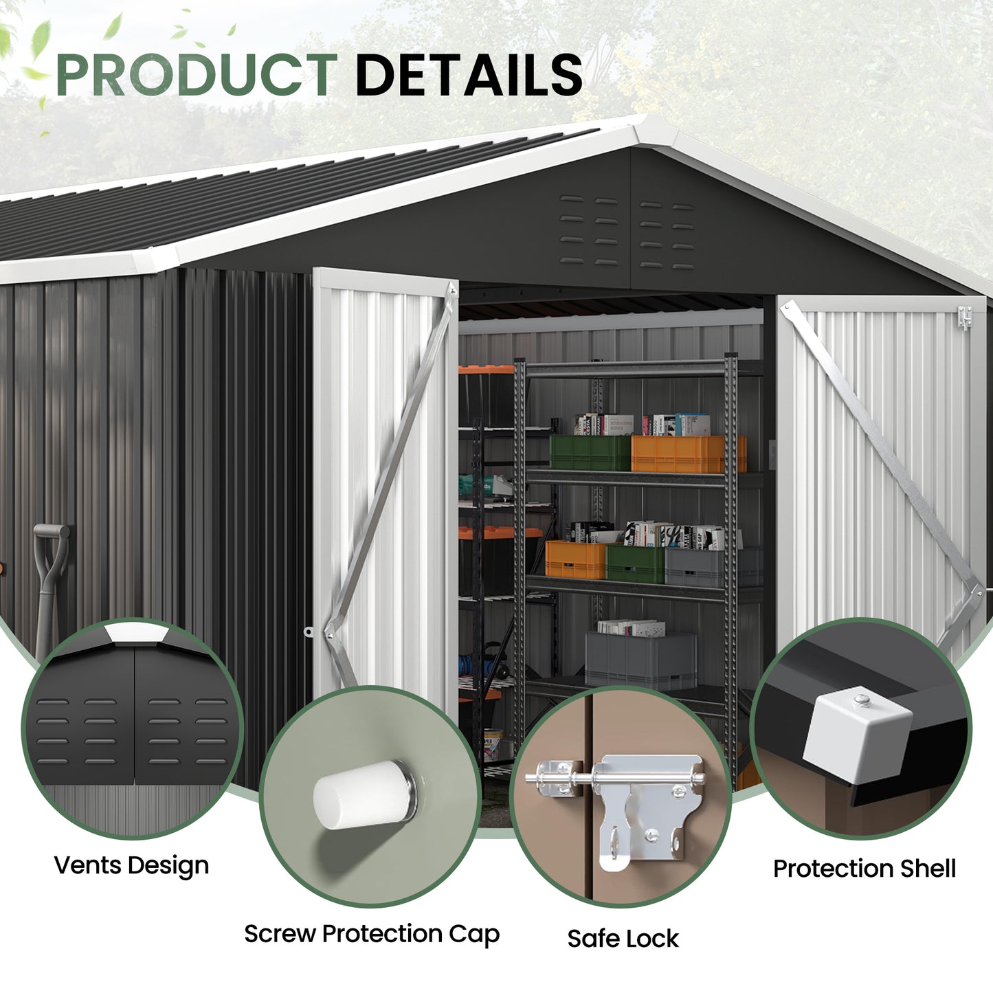 VONZOY 10x12 FT Outdoor Storage Shed, Metal Shed Garden Shed with Lockable Door for Bike, Garbage Can, Tool Shed for Backyard, Patio, Lawn(Grey)