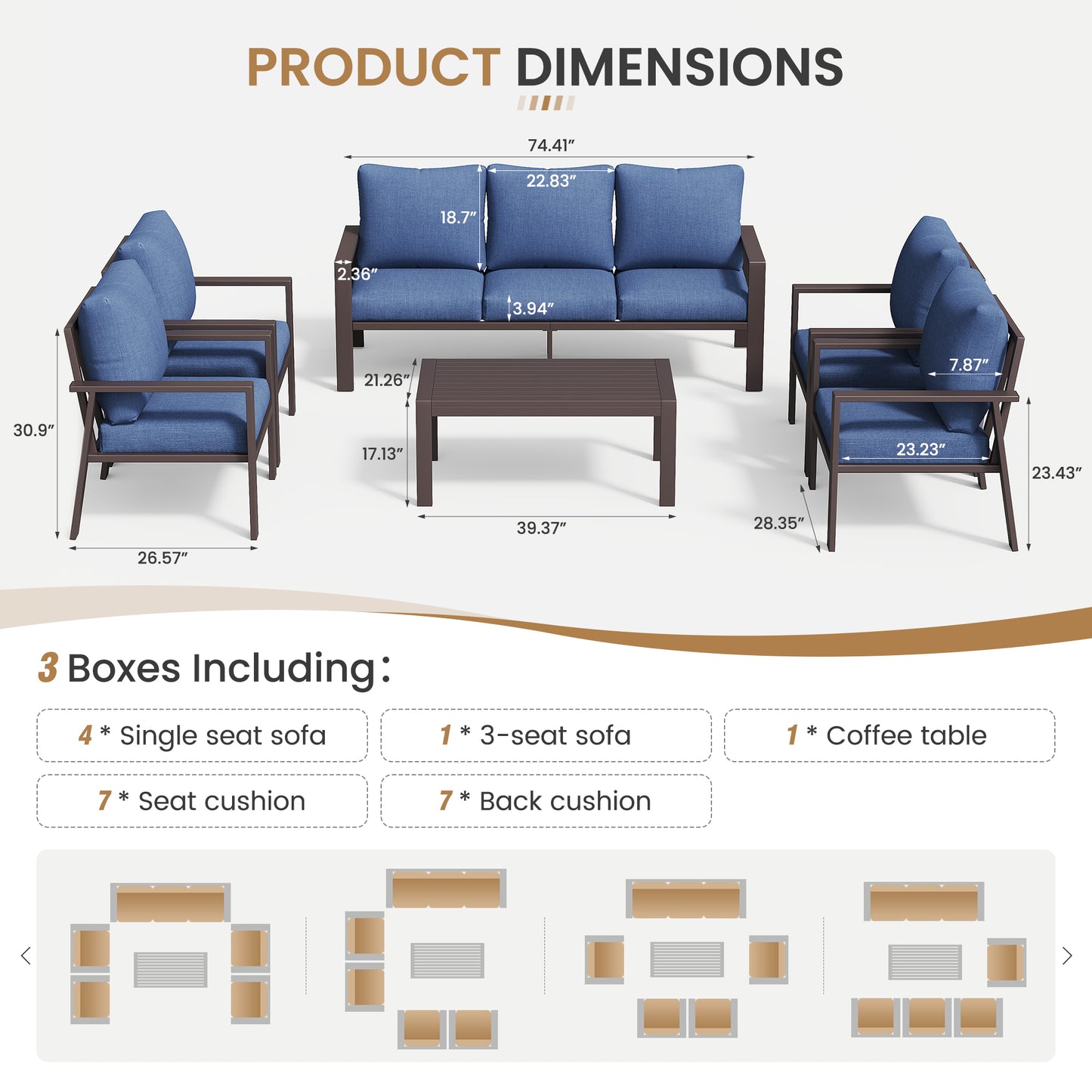 Aluminum Patio Conversation Set with Coffee Table Deck Outdoor Furniture All-Weather Rust-Proof 6-Piece Sectional Sofa Set with Removable Cushion for Backyard, Poolside & Small Spaces