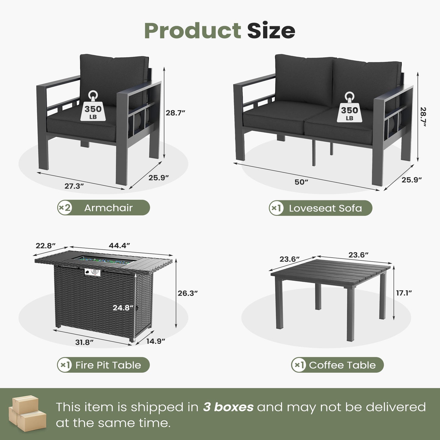 VONZOY 5 Piece Aluminum Patio Furniture Set with 44" Fire Pit Table & Thick Cushions, Aluminum Outdoor Sectional Conversation Set with Coffee Table for Porch, Backyard(Grey/Dark Grey-1)