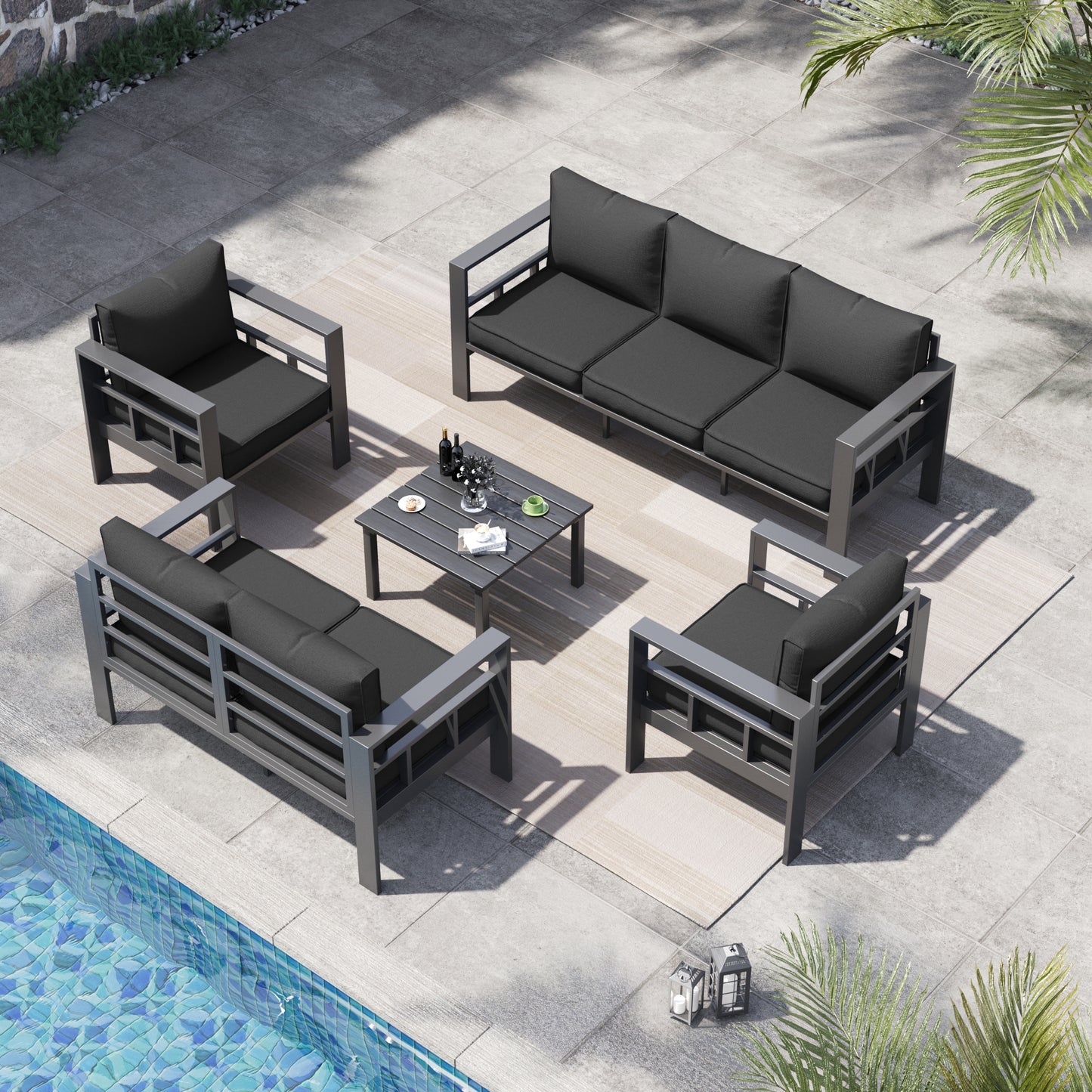 VONZOY 5 Piece Aluminum Patio Furniture Set, Thick Cushions, Aluminum Outdoor Sectional Conversation Set with Coffee Table for Porch, Backyard, Deck(Grey/Dark Grey)