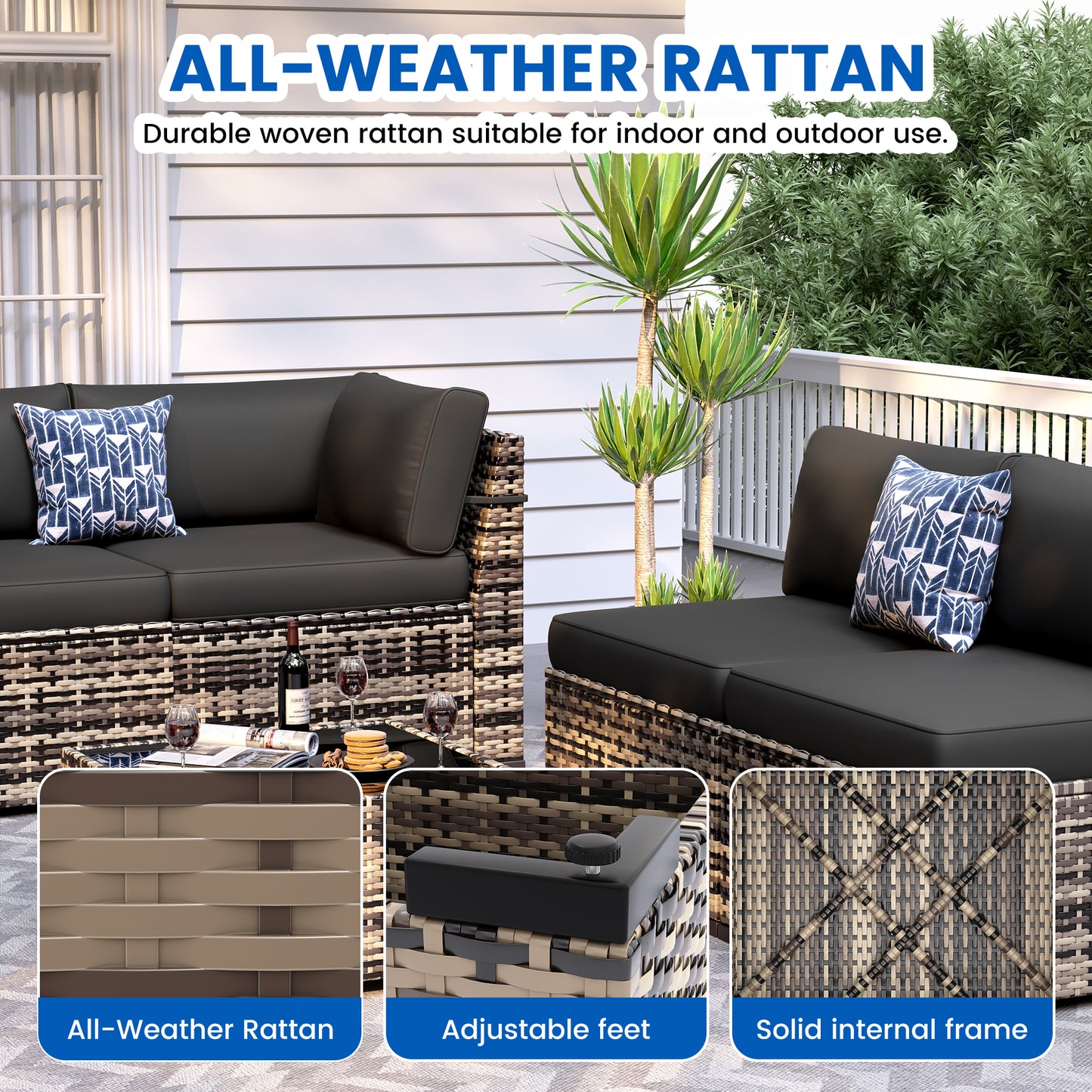 VONZOY 8-Piece Patio Furniture Set with 44” Fire Pit Table - All-Weather Wicker Conversation Sectional Sofa & Coffee Table with Thickened Cushions for Backyard, Garden(Black)