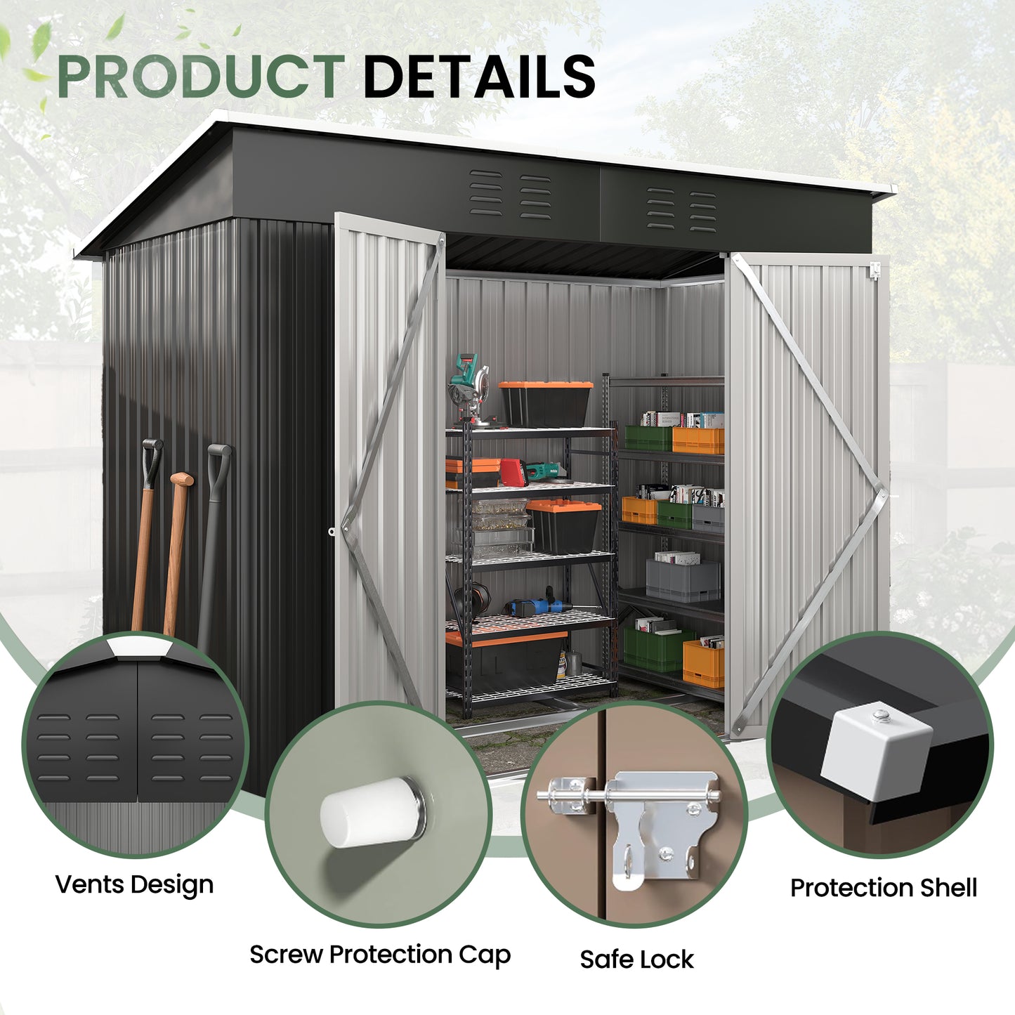 VONZOY 8x4FT Outdoor Storage Shed, Galvanized Steel Outdoor Storage Shed Metal Garden Shed with Lockable Door for Bike, Garbage Can,Tool Shed for Patio, Backyard, Lawn(Grey)