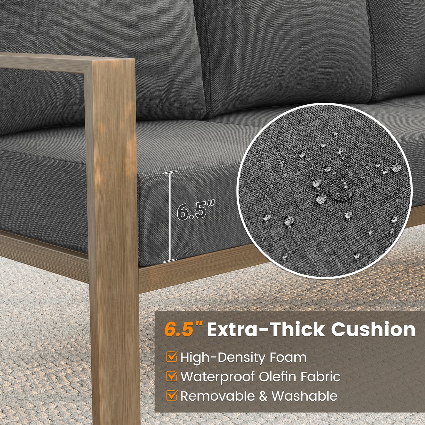VONZOY 6 Pieces Patio Furniture Set, Wood-Look Metal Outdoor Sectional Furniture Conversation Set, L Shape Patio Couch with Side Table, 6.5" Thick Olefin Cushions for Garden, Backyard, Deck(Dark Grey)