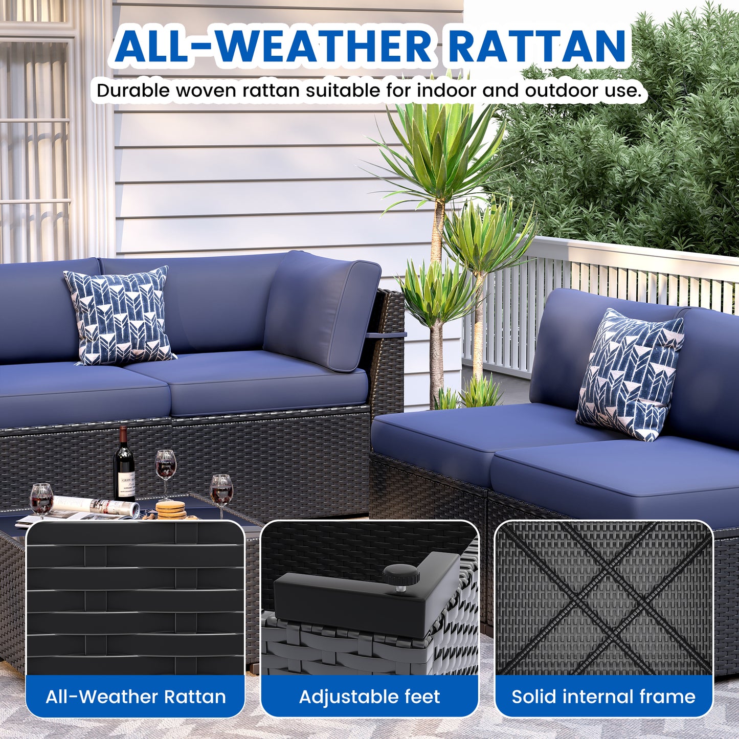 VONZOY 8-Piece Patio Furniture Set with 44” Fire Pit Table - All-Weather Wicker Conversation Sectional Sofa & Coffee Table with Thickened Cushions for Backyard, Garden(Navy Blue)