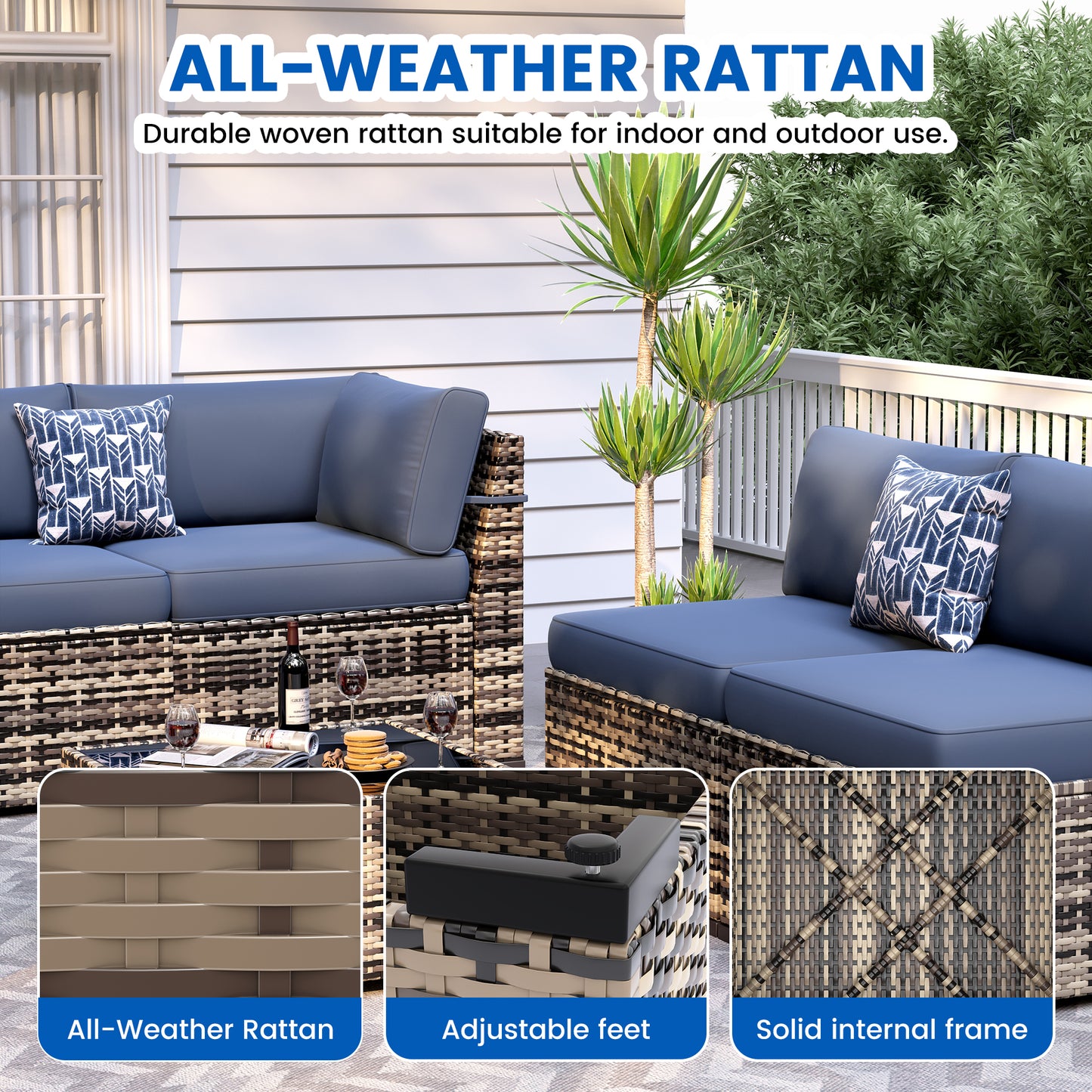 VONZOY 8-Piece Patio Furniture Set with 44” Fire Pit Table - All-Weather Wicker Conversation Sectional Sofa & Coffee Table with Thickened Cushions for Backyard, Garden(Navy Blue)
