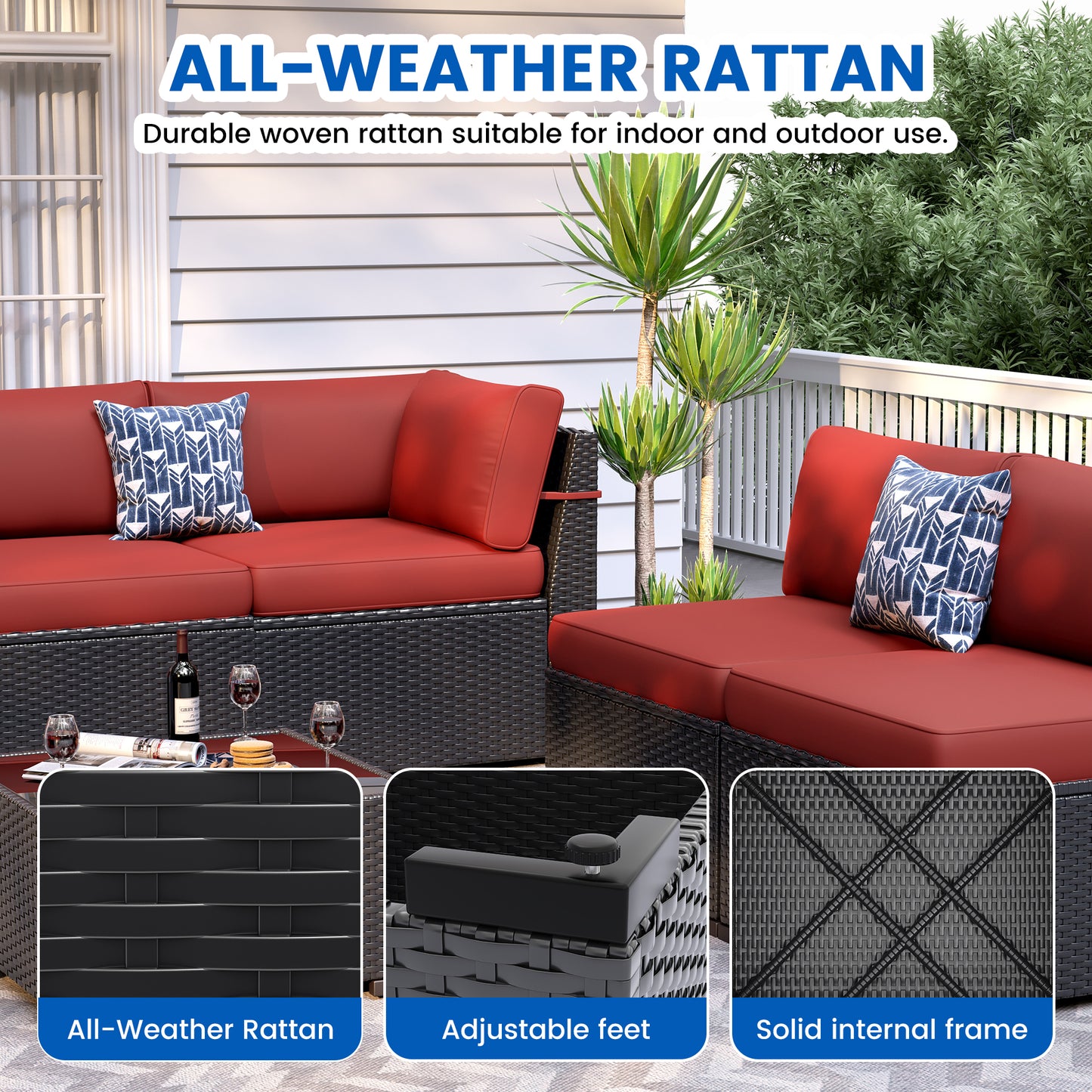 VONZOY 8-Piece Patio Furniture Set with 44” Fire Pit Table - All-Weather Wicker Conversation Sectional Sofa & Coffee Table with Thickened Cushions for Backyard, Garden(Wine)